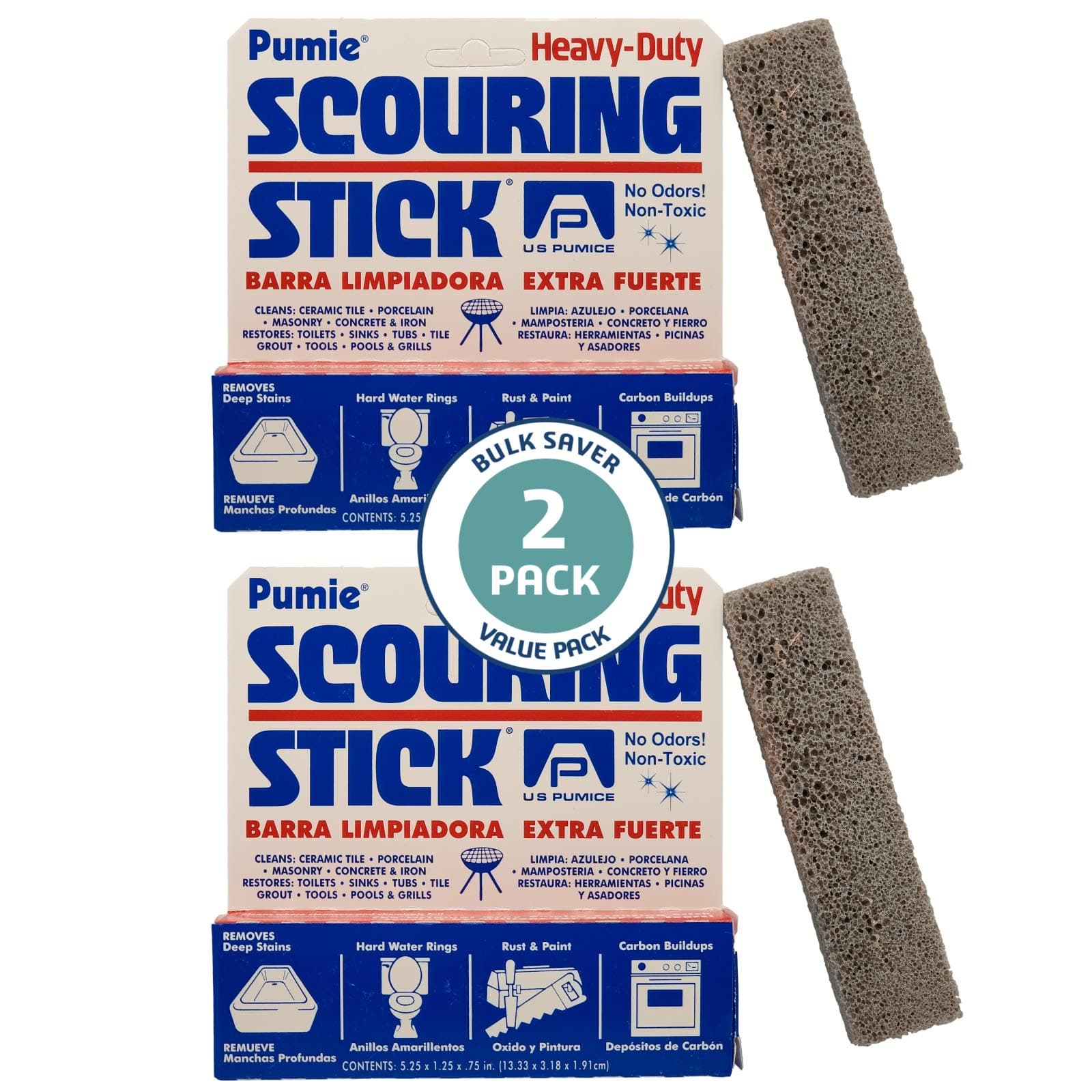 PUMIE Scouring Stick, Heavy Duty Extra Strong Pumice Cleaning Bar, Perfect Pumice Stone for Cleaning Tough Toilet Rings, Bathroom & Kitchen Stains - Scouring Stick on Toilet Bowls, Pool, Tiles(2 Pack) 1 Count (Pack of 2)