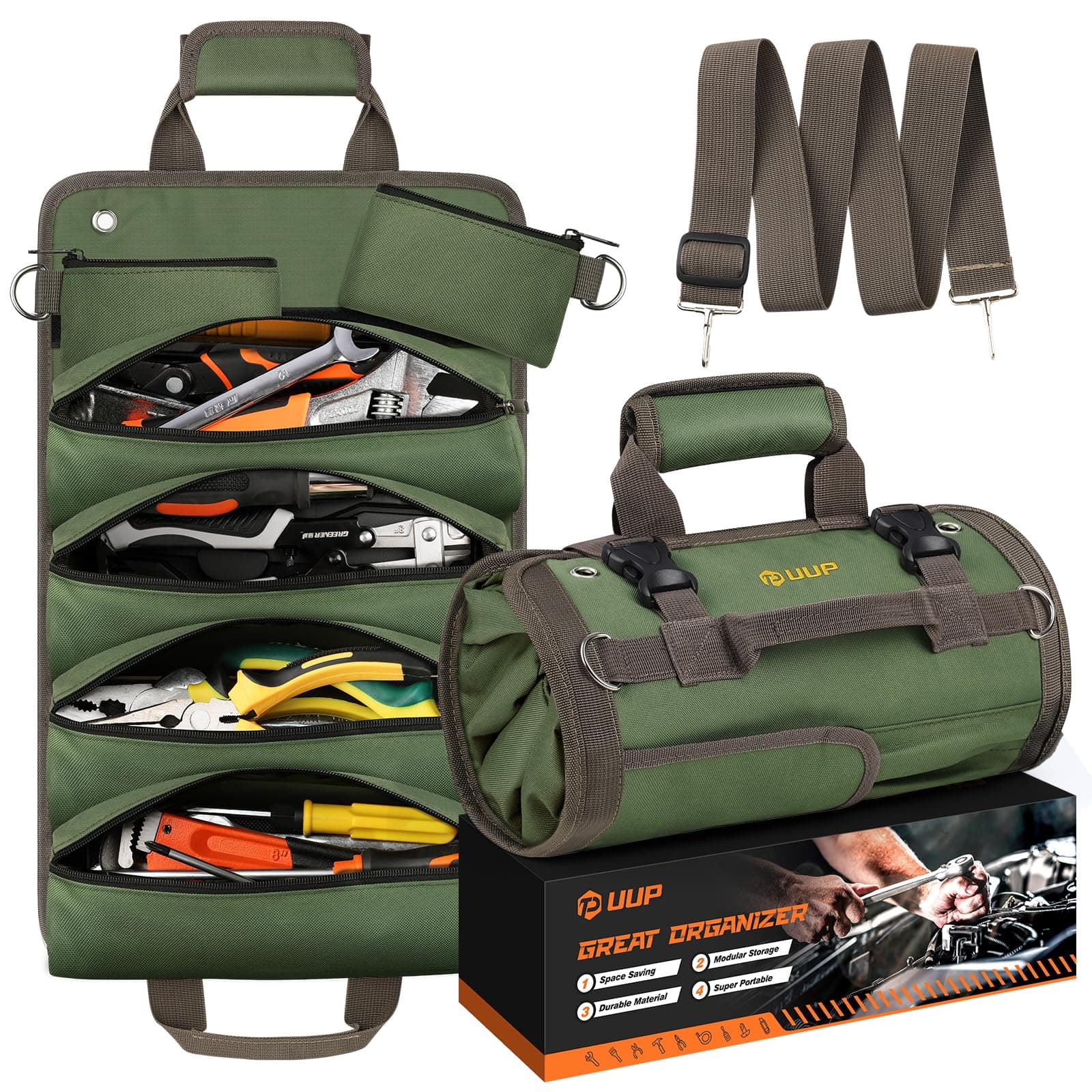 Tool Bag Roll Up, UUP Heavy Duty Portable Soft Tool Storage Organization, Foldable Empty Rollup Organizer with 2 Small Pouches, Rollable Carrying Toolbag, Dad Men Mechanic Welding Birthday Gift, Green