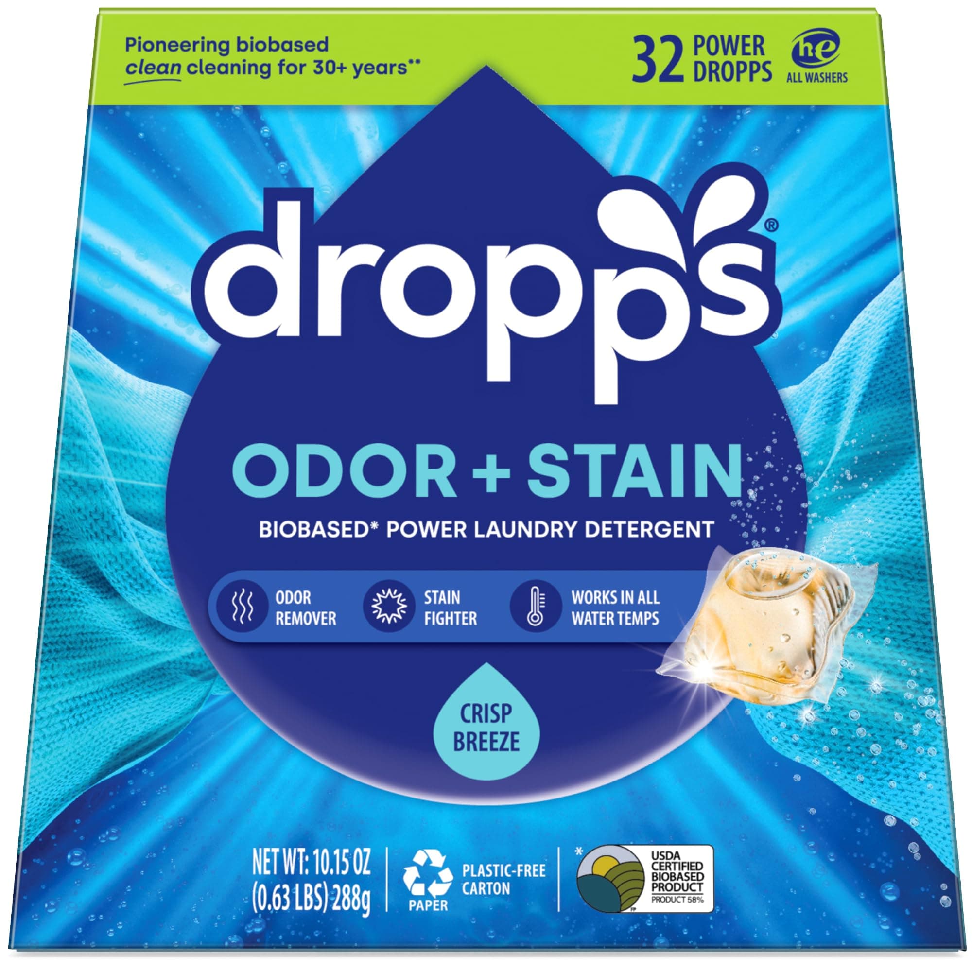 Dropps Odor & Stain Biobased Power Laundry Detergent Pods, Crisp Breeze HE Compatible Laundry Pods for Fresh Clothes - Laundry Soap Supplies & Recyclable Paperboard Packaging Crisp Breeze 32 Count (Pack of 1)