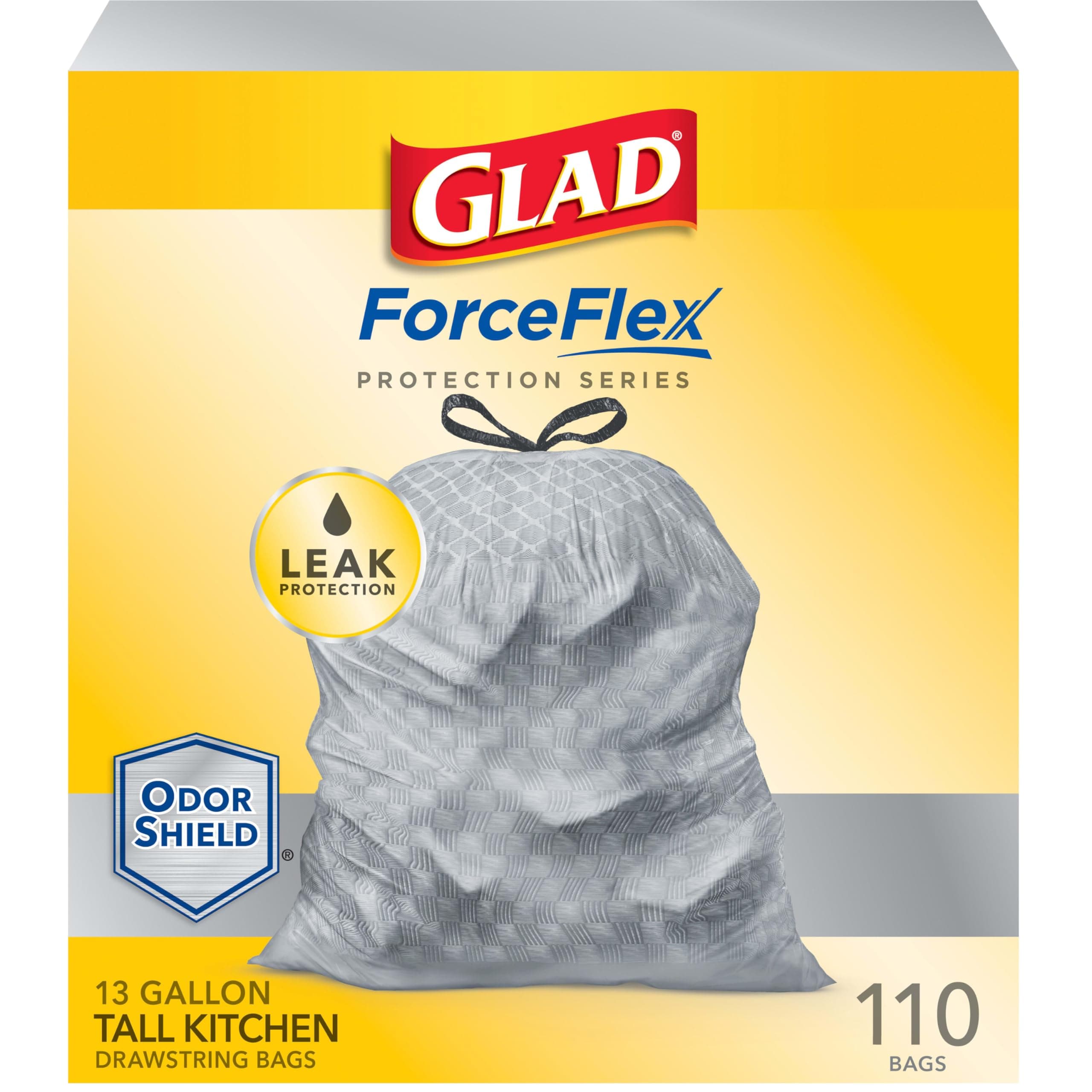 Glad ForceFlex Protection Series Tall Kitchen Drawstring Trash Bags, 13 Gal, 110 Count 110 Count (Pack of 1)