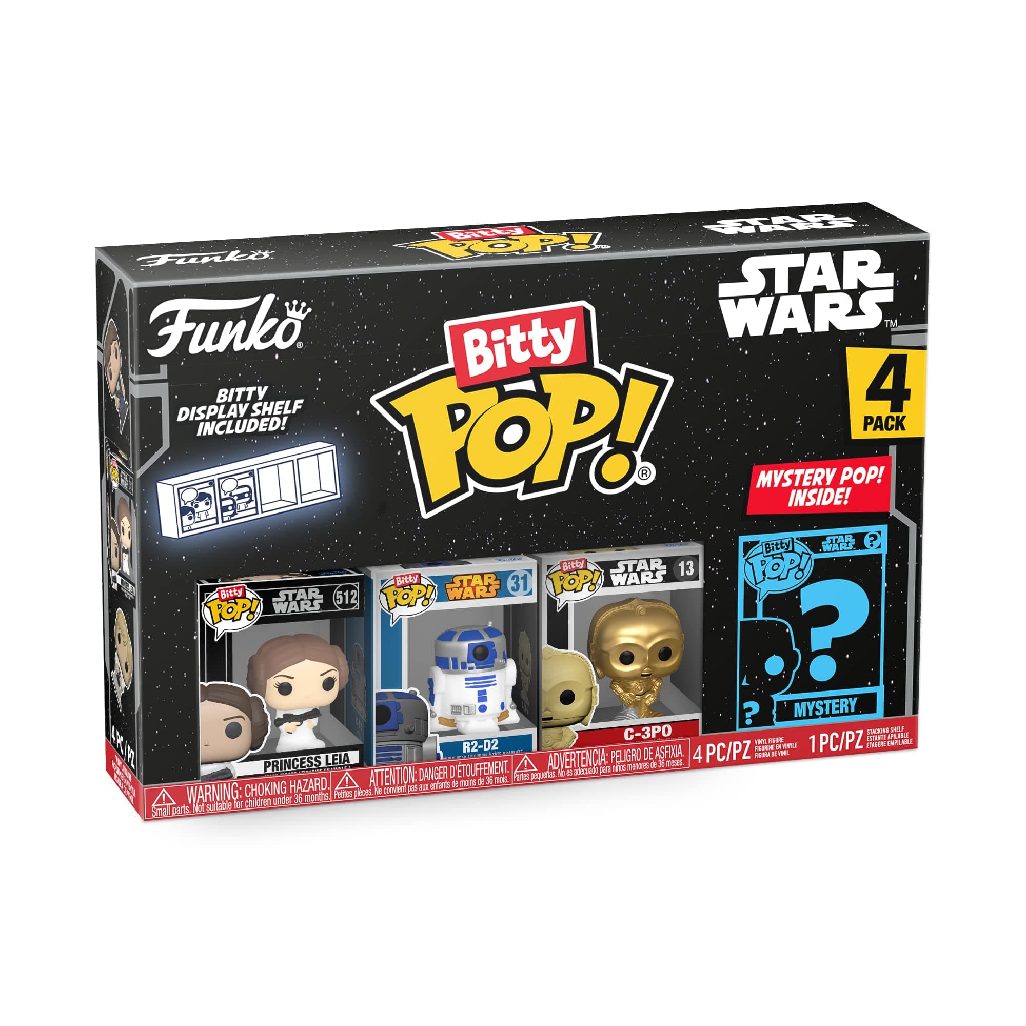 Funko Bitty POP! Star Wars - Leia, 4-Pack - Princess Leia, R2-D2, C-3PO and A Surprise Mystery Mini Figure - 0.9 Inch (2.2 Cm) Collectable - Stackable Display Shelf Included - Gift Idea