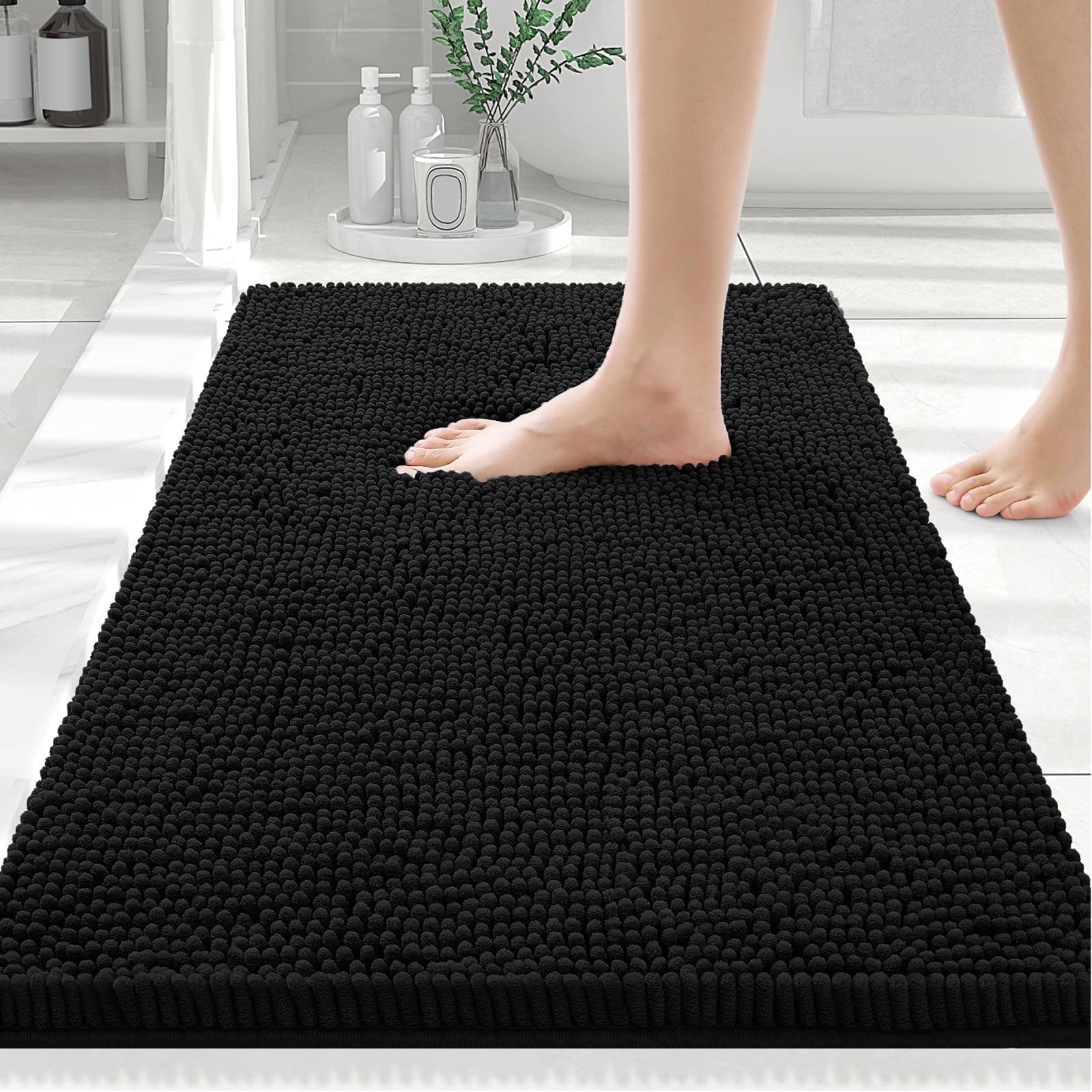 Smiry Luxury Chenille Bathroom Rugs 24x16, Extra Soft and Absorbent Shaggy Bath Mat, Machine Washable, Non-Slip Plush Carpet Runner for Tub, Shower, and Floor, Home Decor Accessories, Black 24'' x 16'' Black