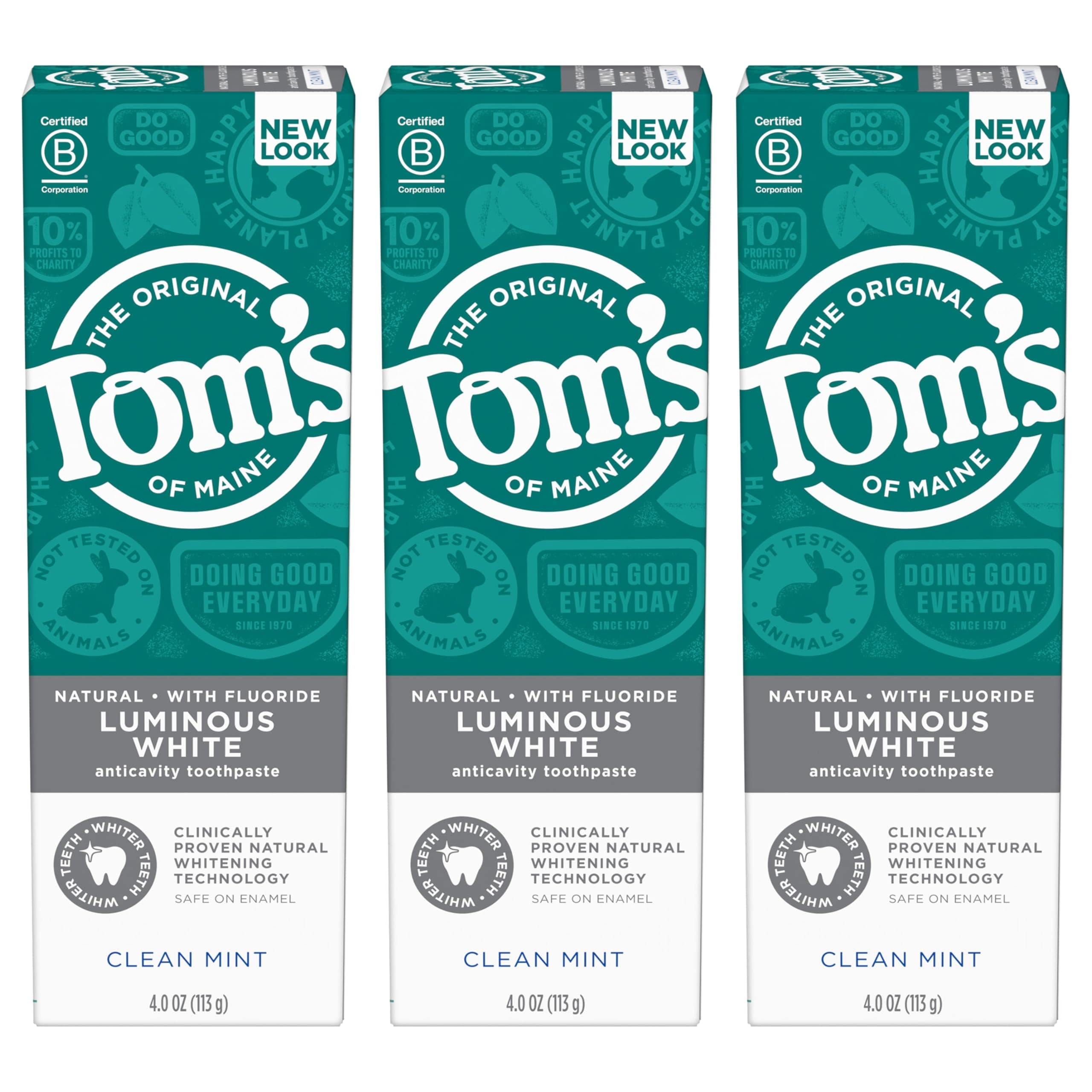 Tom's of Maine Natural Luminous White Toothpaste with Fluoride, Clean Mint, 4.0 oz. 3-Pack Fresh Mint 4 Ounce (Pack of 3)