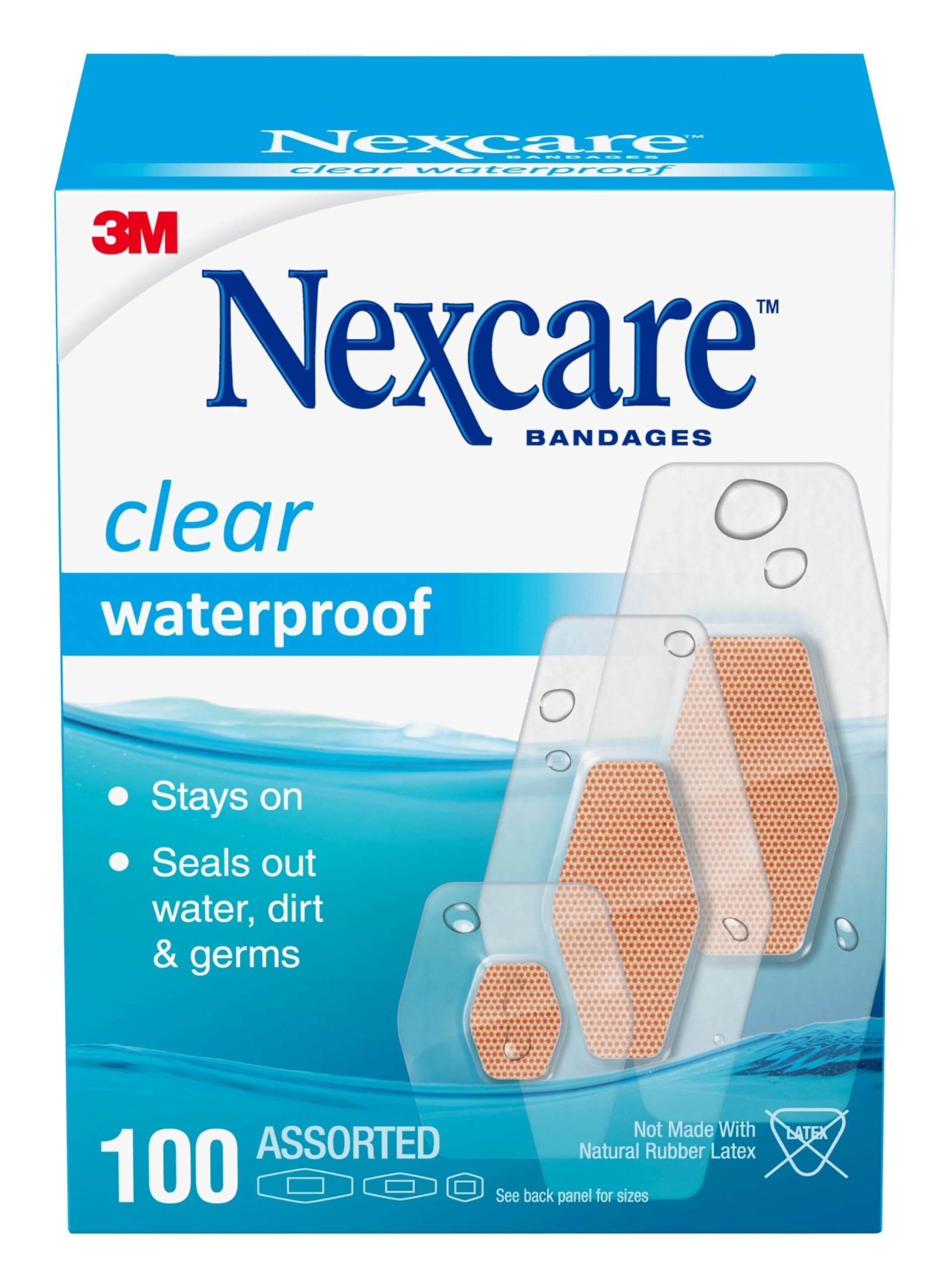 Nexcare Waterproof Clear Bandages, Covers And Protects, 360 Degree Seal Around The Pad Offers Exceptional Protection Against Water, Dirt, And Germs, Assorted Sizes, 100 Count