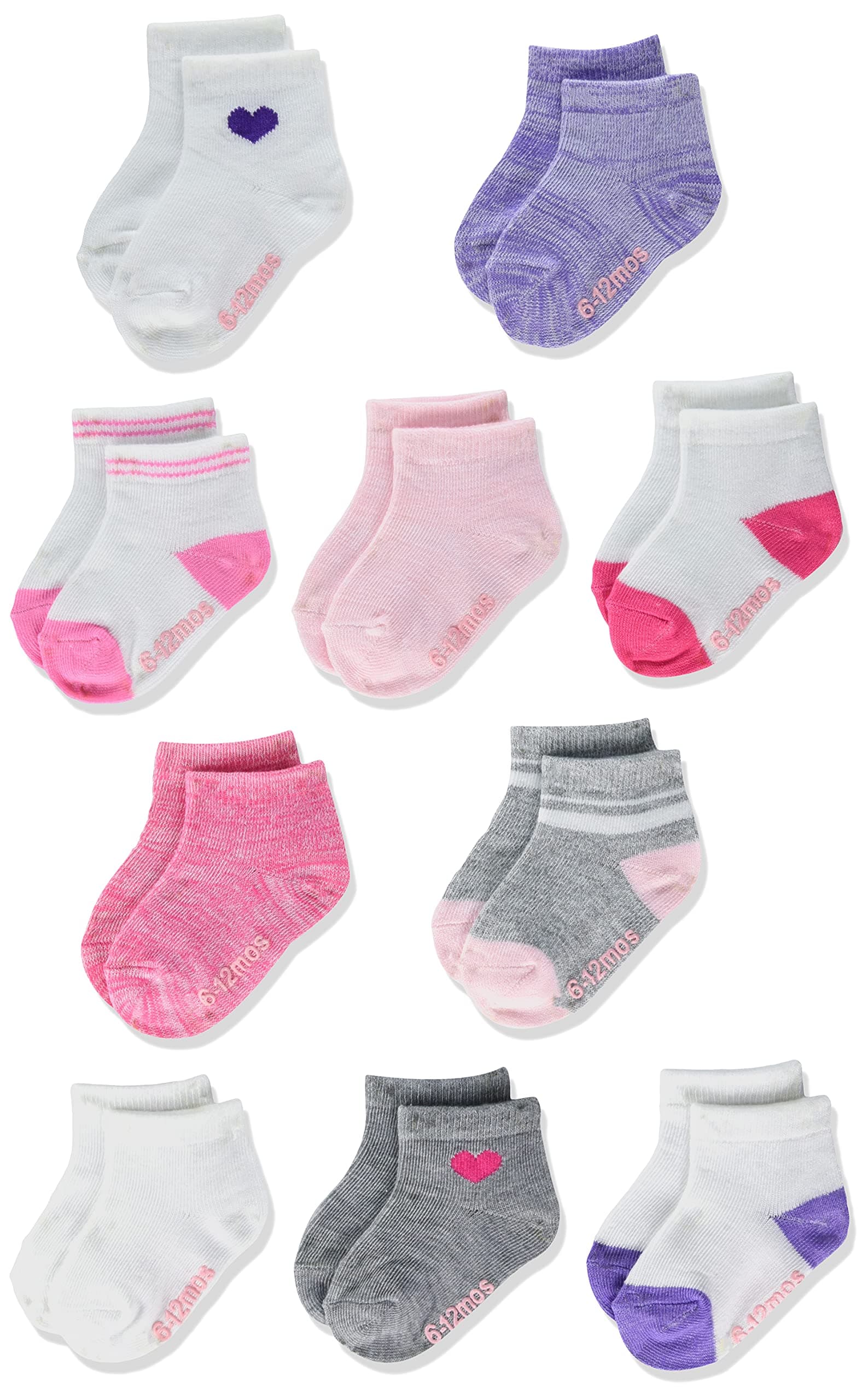Hanes unisex-baby And Toddler Socks, Non-slip Grip Ankle Socks, Boys' and Girls', Multipacks 12-24 Months Pink/White/Purple/Grey - 10 Pack 10