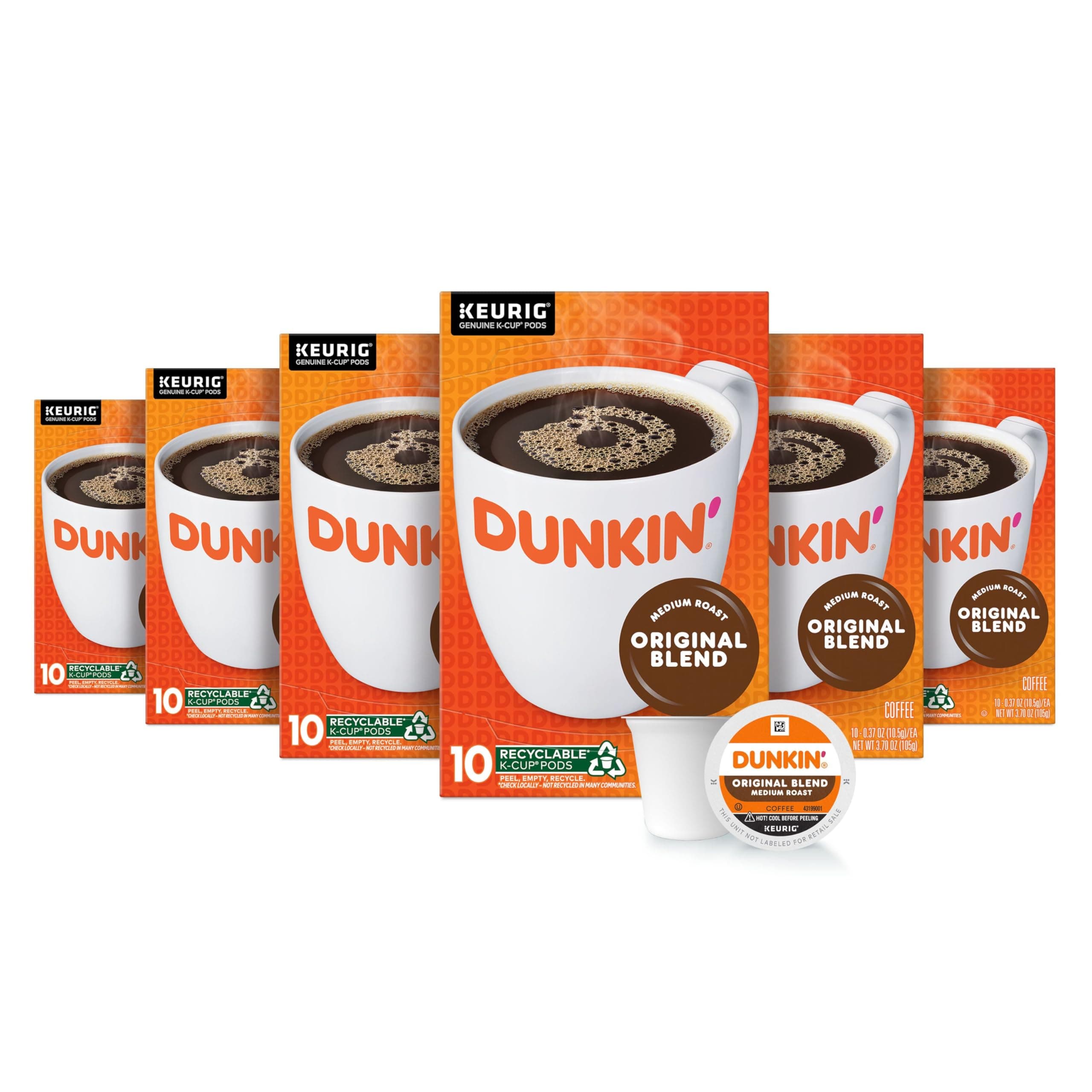 Dunkin' Original Blend Medium Roast Coffee, 60 Keurig K-Cup Pods Original Blend 10 Count (Pack of 6)