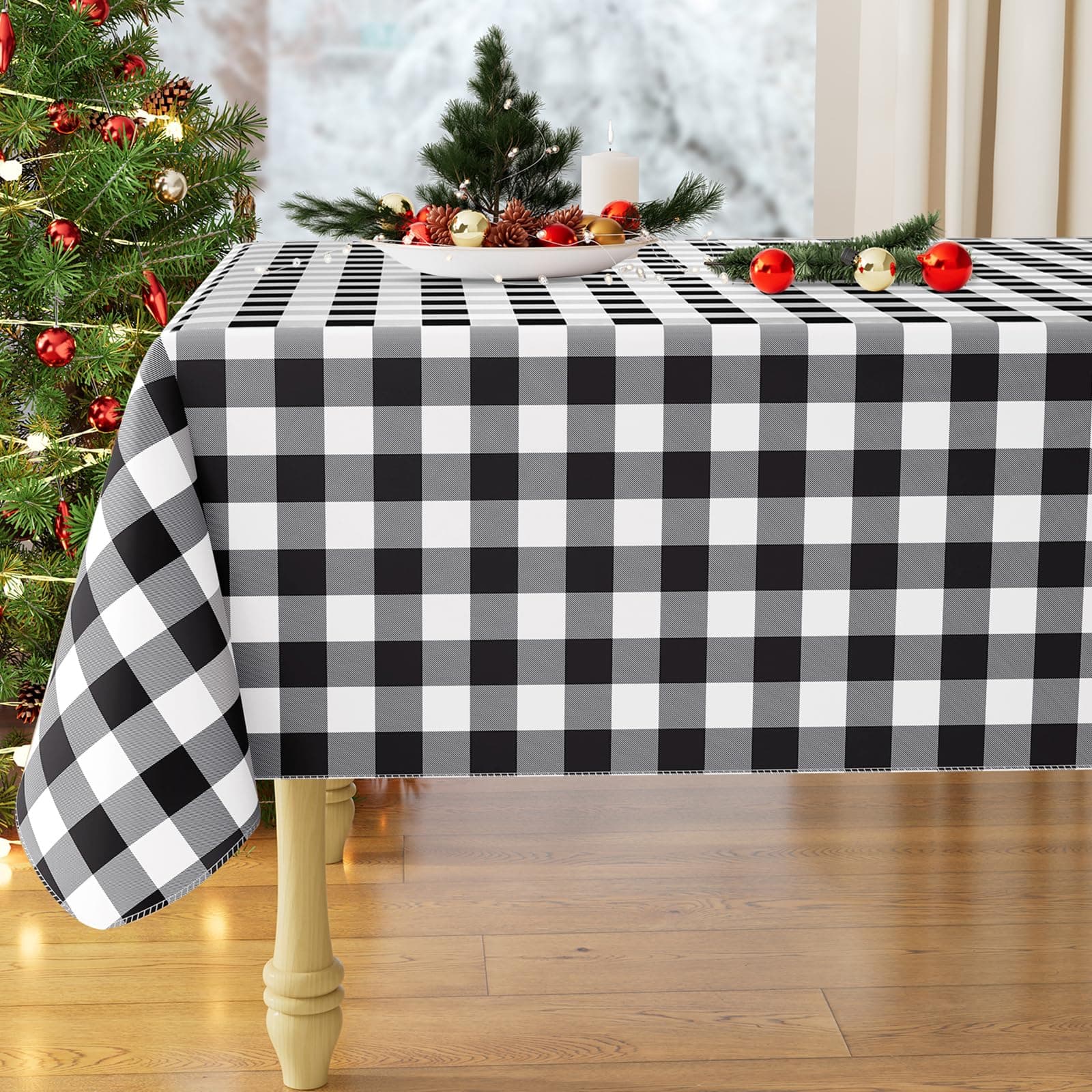 misaya Rectangle Waterproof Vinyl Table Cloth, Buffalo Flannel Backed Tablecloth, Wipeable Plastic Table Cover for Dinner, Kitchen, Outdoor (60" x 84", Black and White) 84" x 60" (Rectangular) Black and White