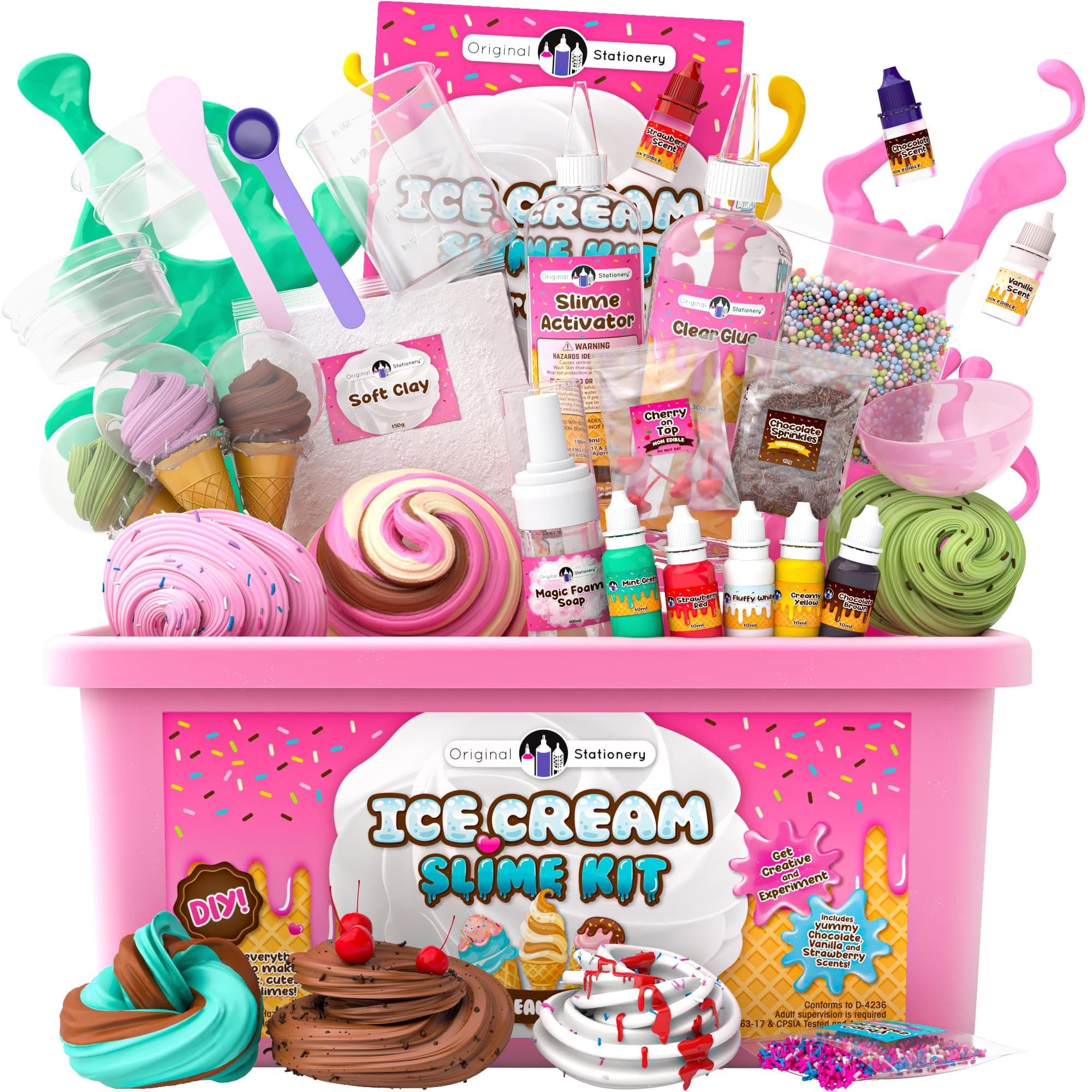 Original Stationery Ice Cream Slime Kit for Girls, DIY Cherry-Scented Slime Making Set with 31 Pieces, Fun Arts and Crafts for Kids Ages 8–12, Christmas and Holiday Gift