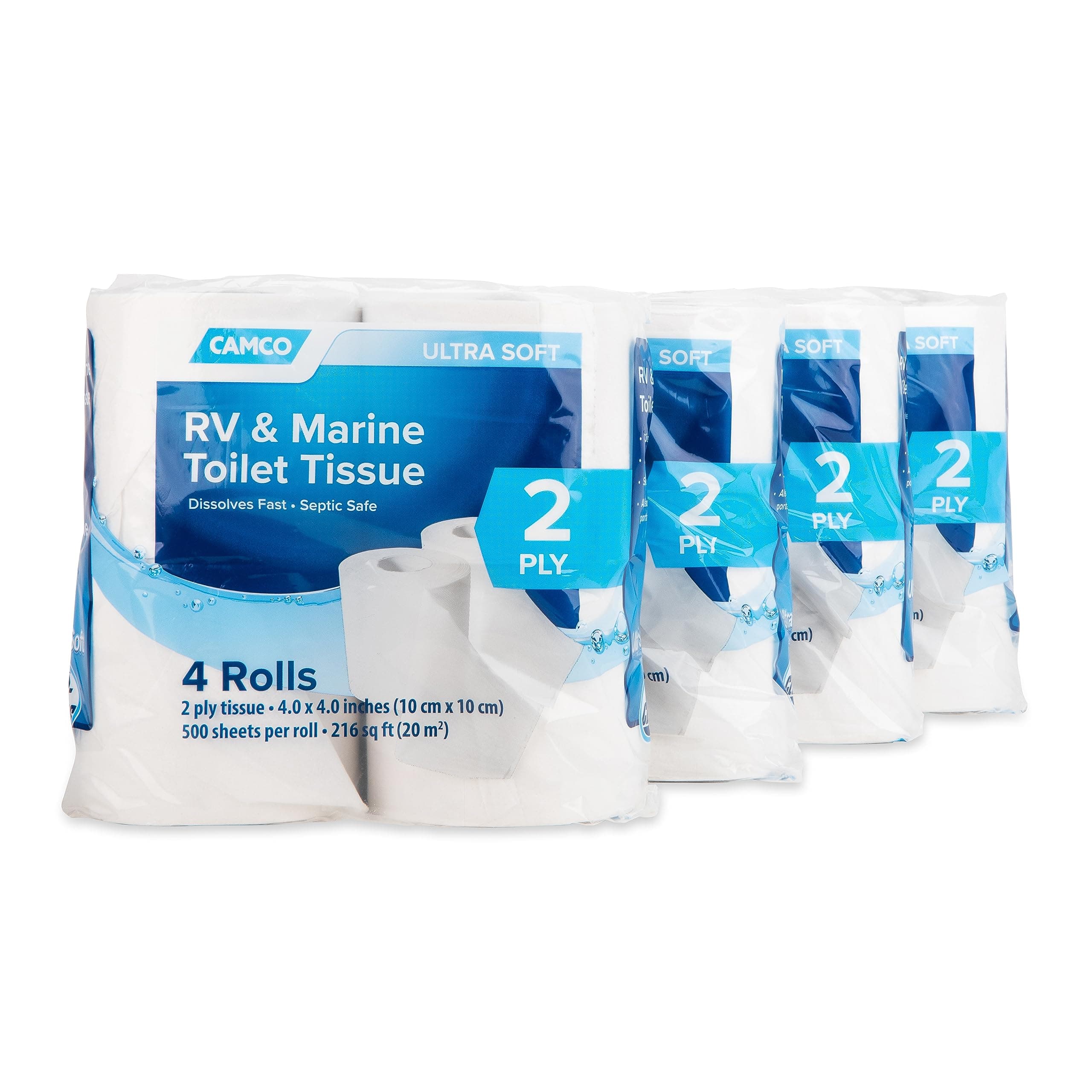 Camco Camper & RV Toilet Paper - 16-Rolls - 2-Ply Quick Dissolve RV Septic Safe Bath Tissue - Dye & Fragrance Free - 500 Sheets Per Roll (40282) Toilet Tissue 16 Pack