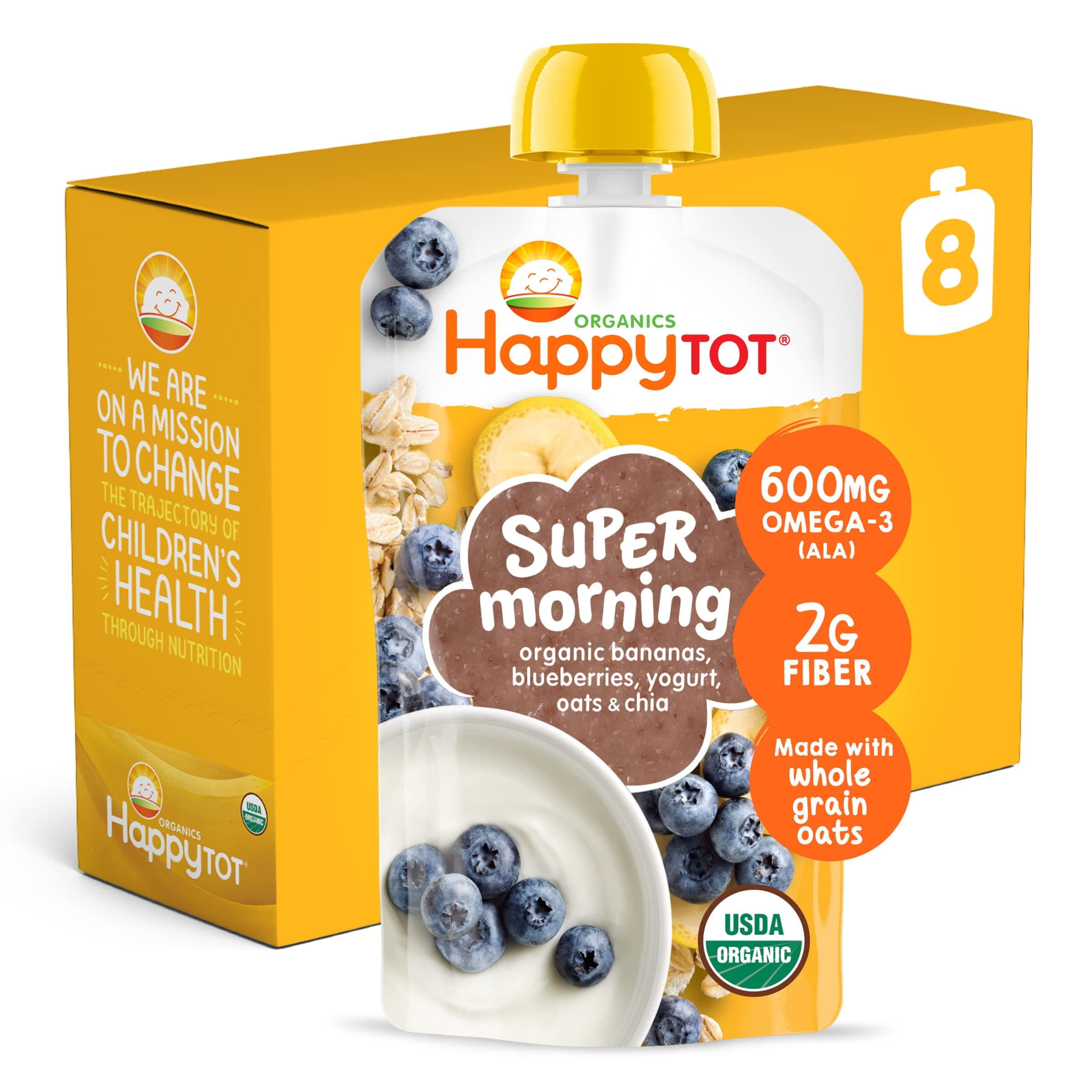 HAPPYTOT Organics Stage 4 Baby Food Pouches, Gluten Free, Super Morning Fruit & Oat Blend, Bananas, Blueberries, Yogurt, Oats & Chia, 4 Oz (Pack of 8) Bananas Blueberries Yogurt & Oats 4 Ounce (Pack of 8)