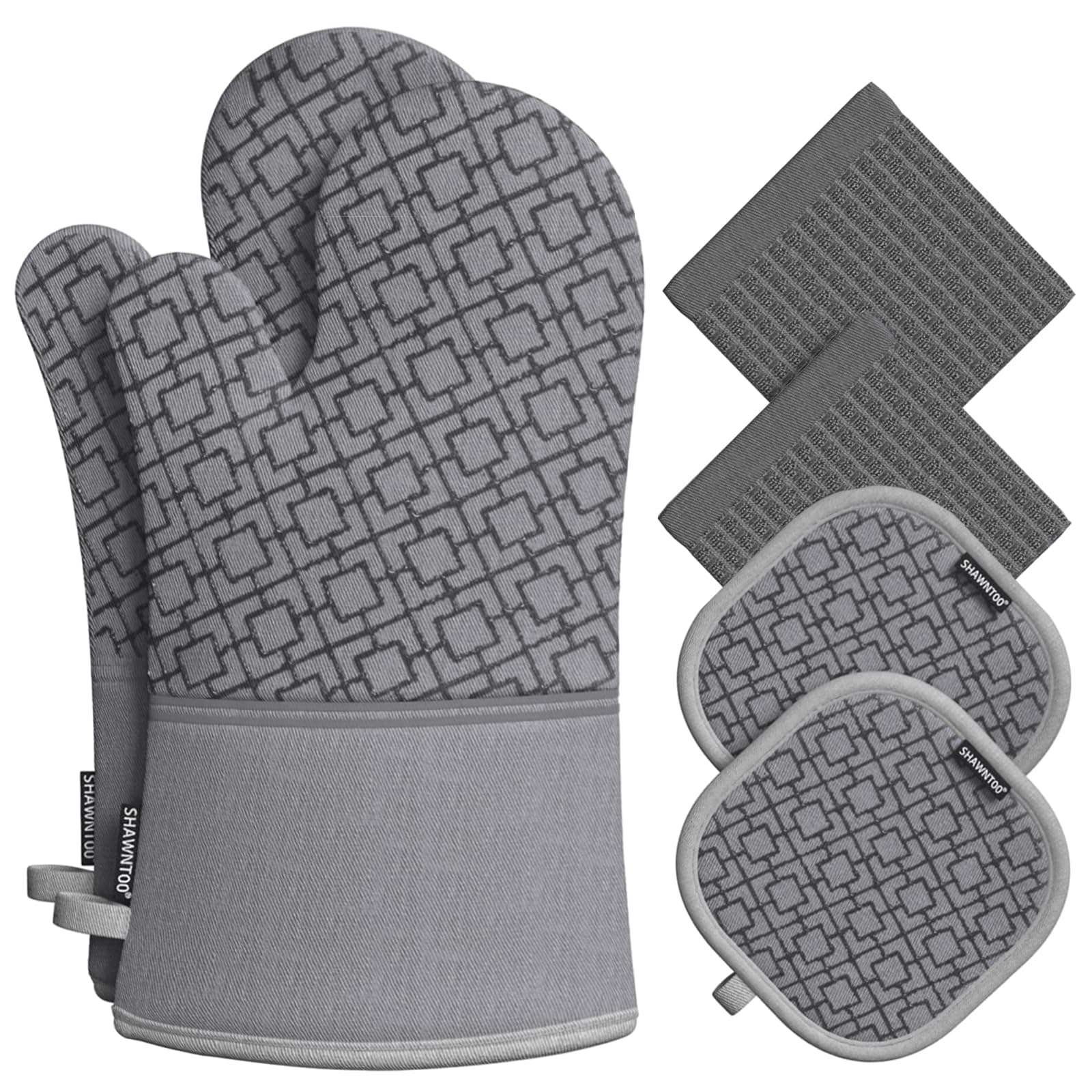 Oven Mitts and Pot Holders Sets 6pcs, Kitchen Oven Glove,High Heat Resistant 550 Degree Extra Long Oven Mitts and Potholders with Non-Slip Silicone Surface for Apartment Essentials (Grey) (Gray)
