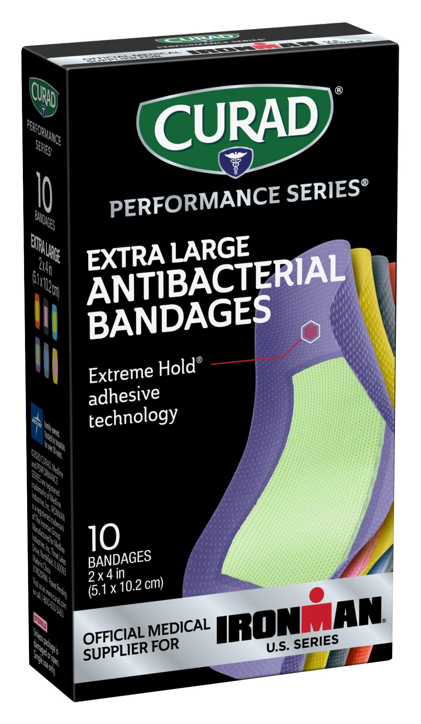 CURAD Performance Series IRONMAN Antibacterial Bandages, Extreme Hold Adhesive Technology, Extra Large Flexible Fabric Bandages for Cuts, Scrapes, & Burns, Assorted Colors, 2 x 4 inches, 10 Count 10 Count (Pack of 1)