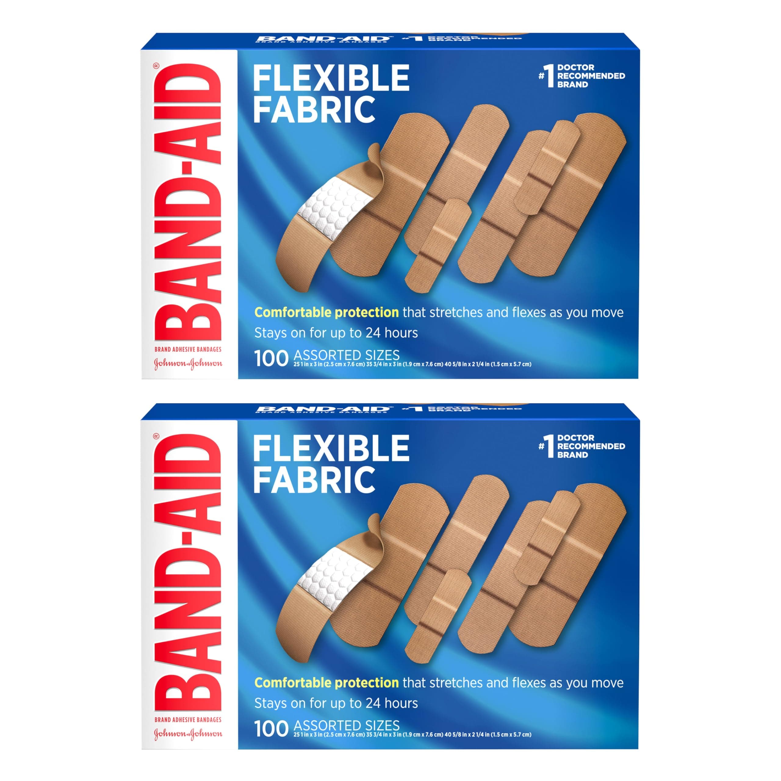 Band-Aid Brand Flexible Fabric Adhesive Bandages for Comfortable Flexible Protection & Wound Care of Minor Cuts, Scrapes, & Wounds, Assorted Sizes, Twin Pack, 2 x 100 ct Assorted sizes 100 Count (Pack of 2)