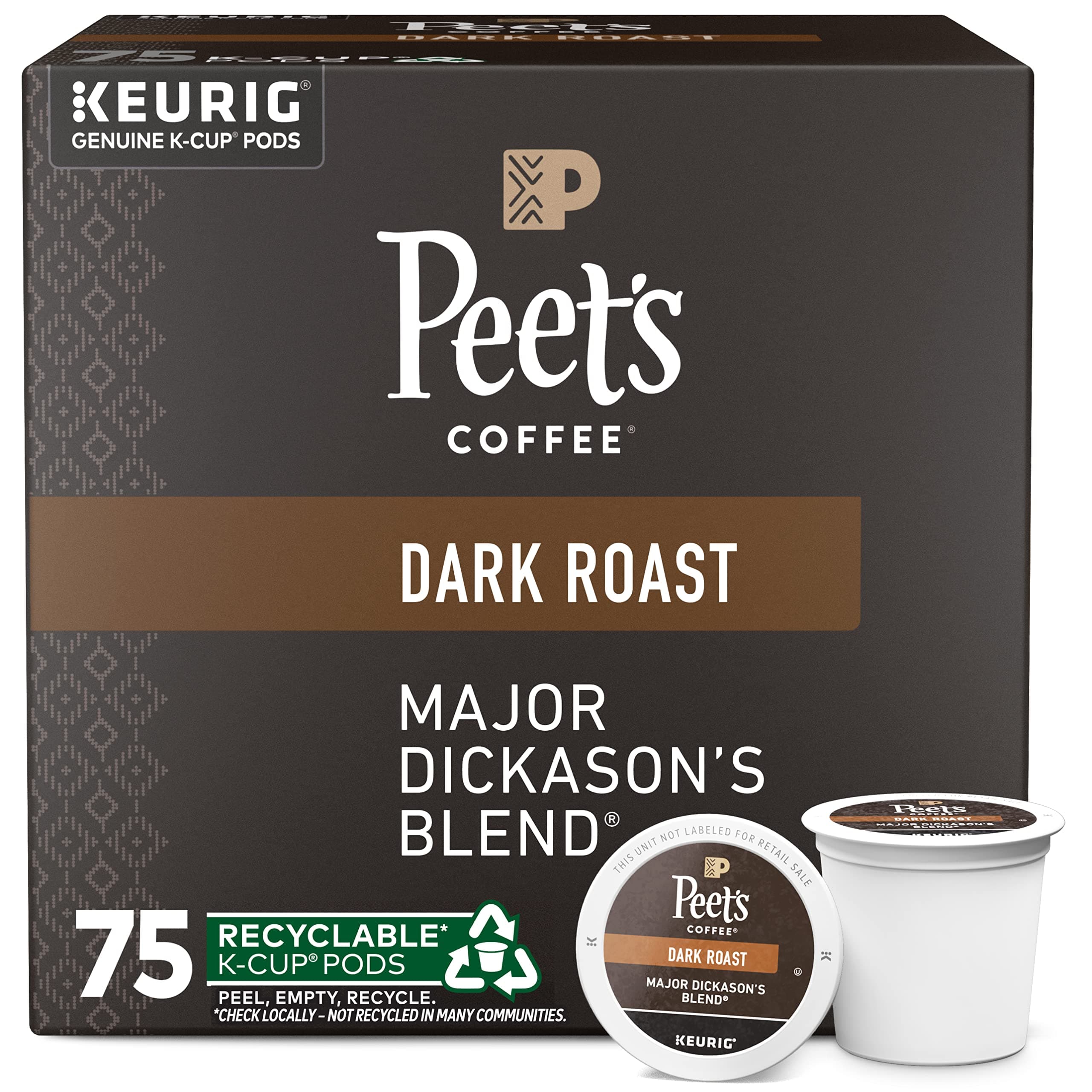 Peet's Coffee, Dark Roast Keurig K-Cup Pods - Major Dickason's Blend 75 Count (1 Box of 75 Pods) Major Dickason's Blend 75 Count (Pack of 1)