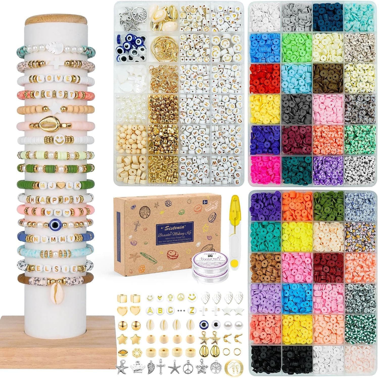 Bracelet Making Kit, 10,000 Pcs Polymer Clay Beads, 48 Colors Round Letter Beads Jewelry Making Kit Friendship Bracelets Heshi Beads with Charms Strings Crafts Gift for Girls Adults Fashion color