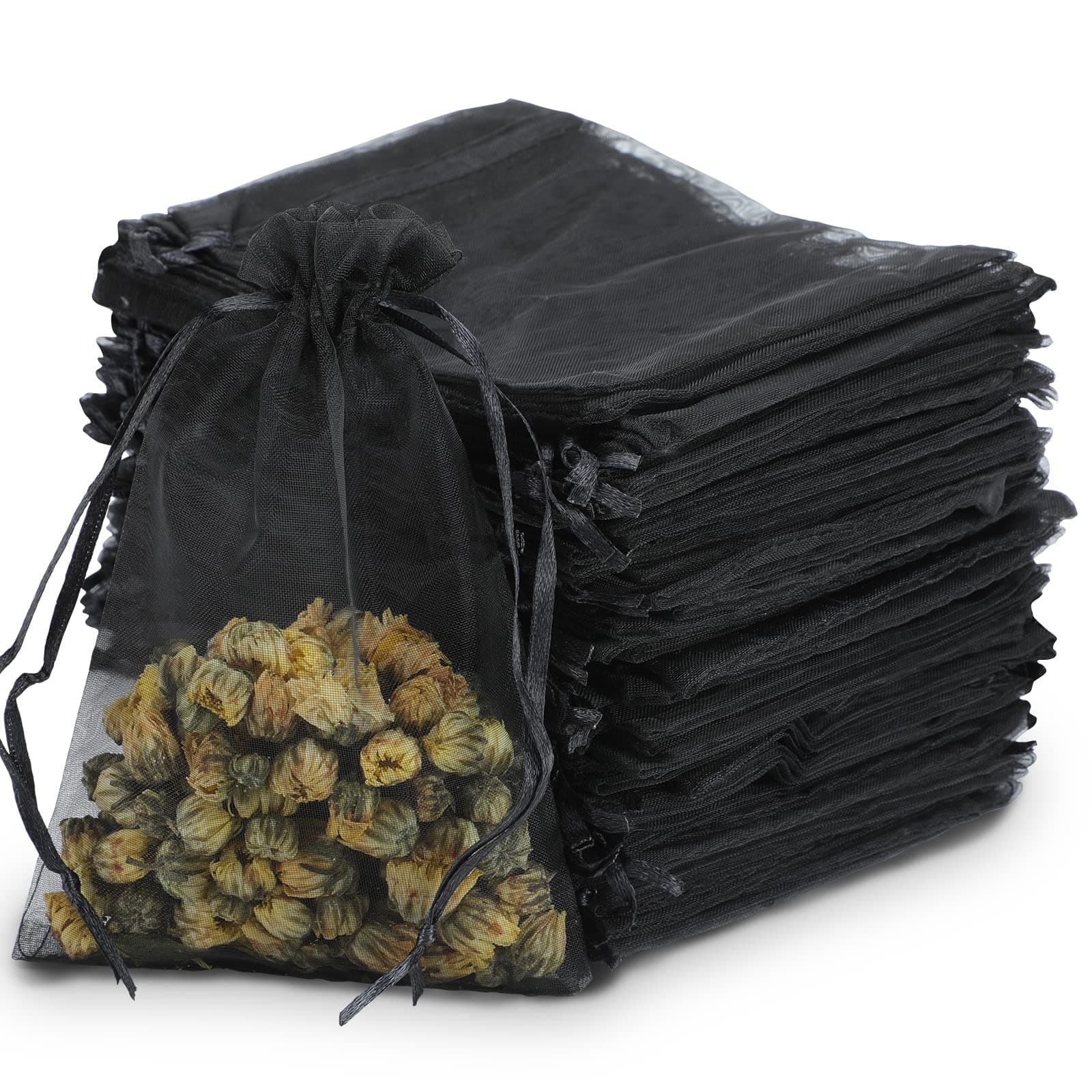 Kslong 100PCS Small Mesh bags Drawstring 3x4,Sheer Organza Bags Drawstring for Jewelry, Mesh Party Wedding Favor Bag for Small Business,Candy,Bracelet Packaging,Empty Sachet Bags (Black)