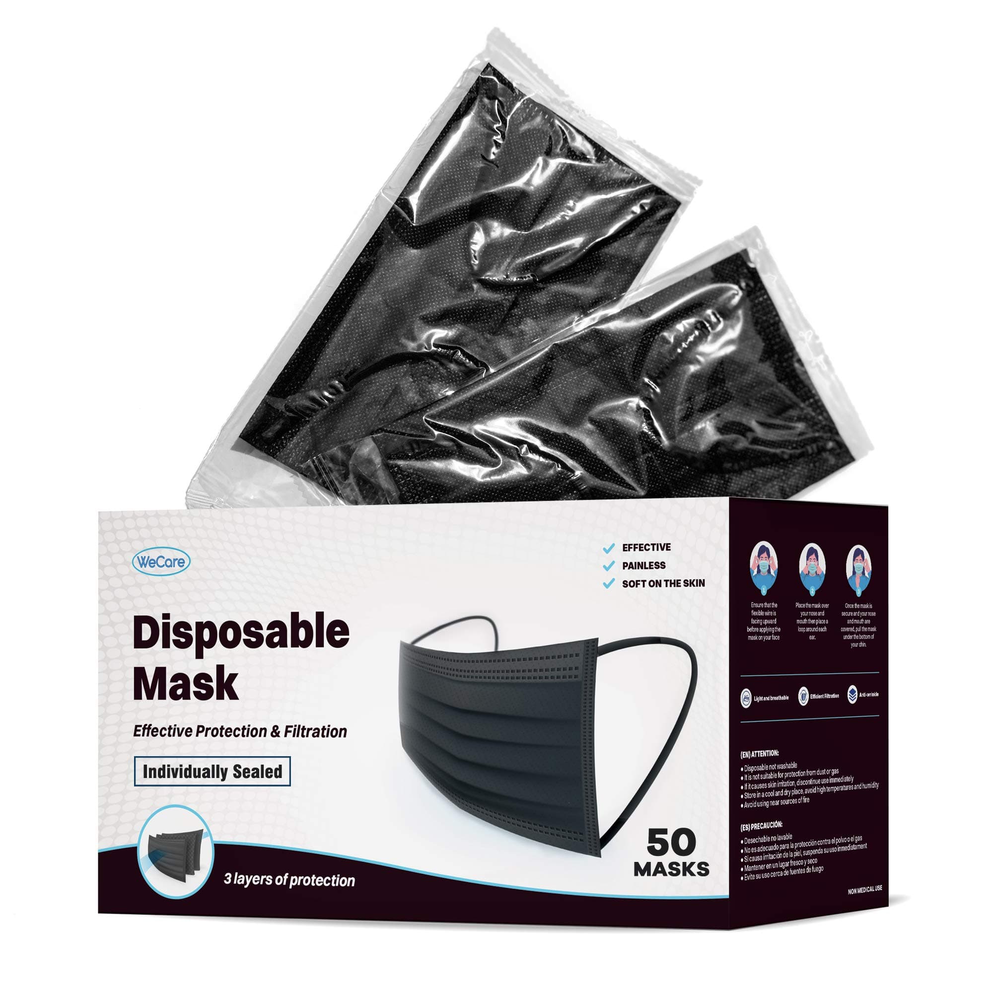 WECARE Disposable Face Mask Individually Wrapped - 50 Pack, Colored Face Masks Black