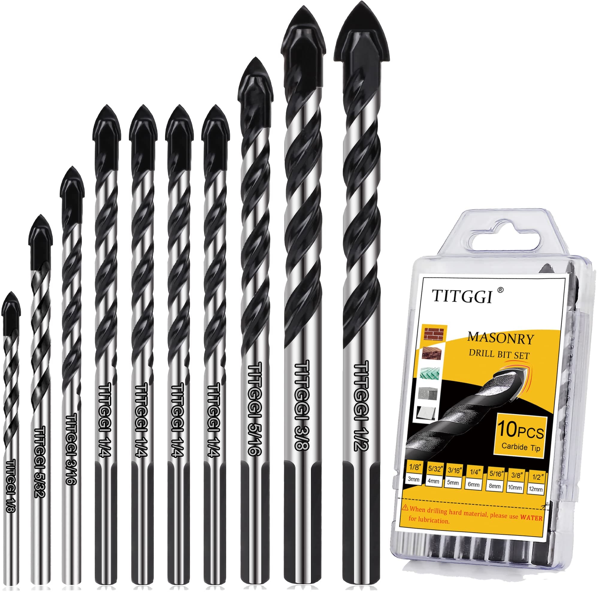 Professional Masonry Drill Bit Set (10PCS) for Glass/Brick/Plastic/Cement/Wood/Tile/Etc, Industrial Strength Carbide Drill Bit Tip, 1/8"-1/2" by TITGGI 10PCS Drill Bit Set