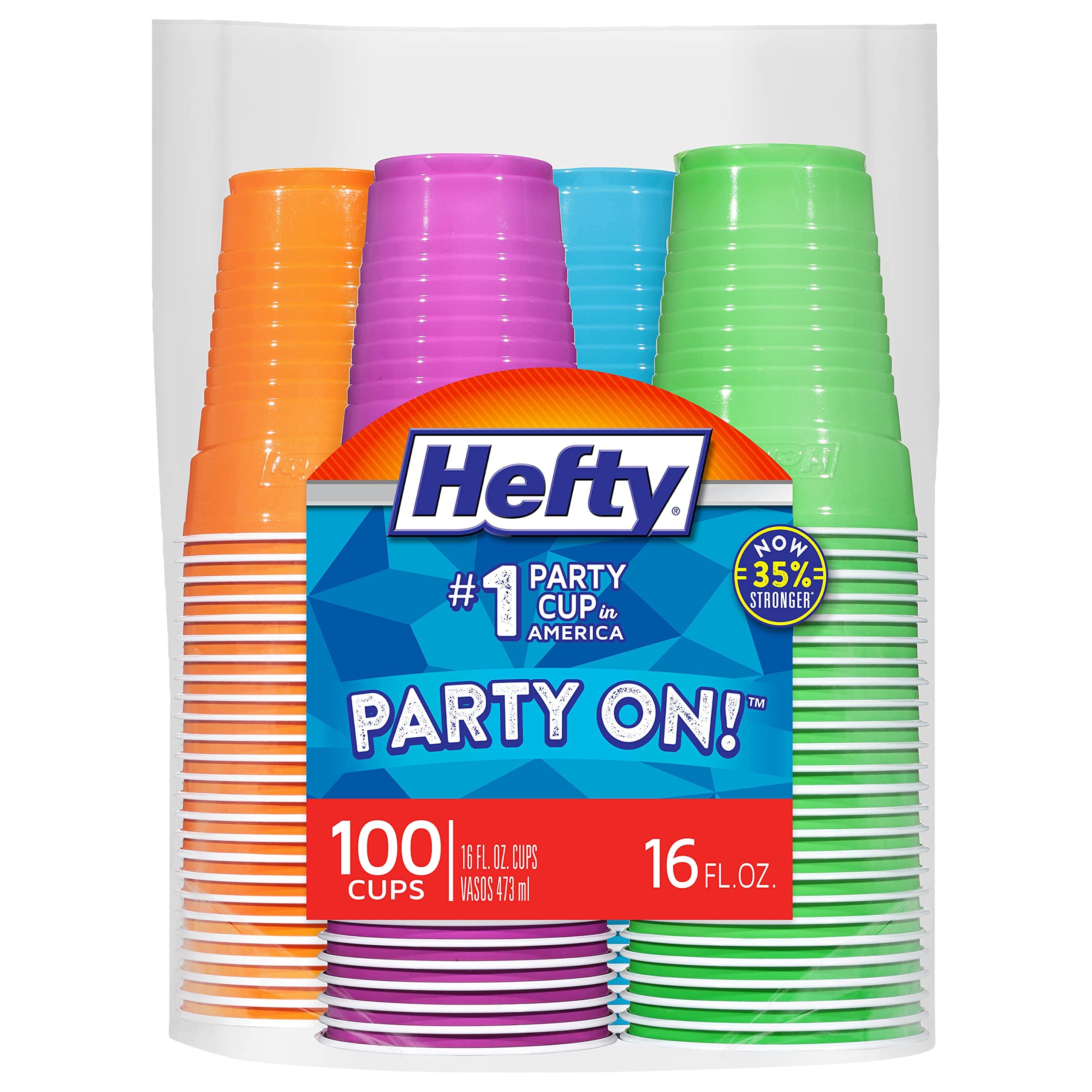 Hefty Party On Disposable Plastic Cups, Assorted, 16 Ounce, 100 Count 16 Ounces