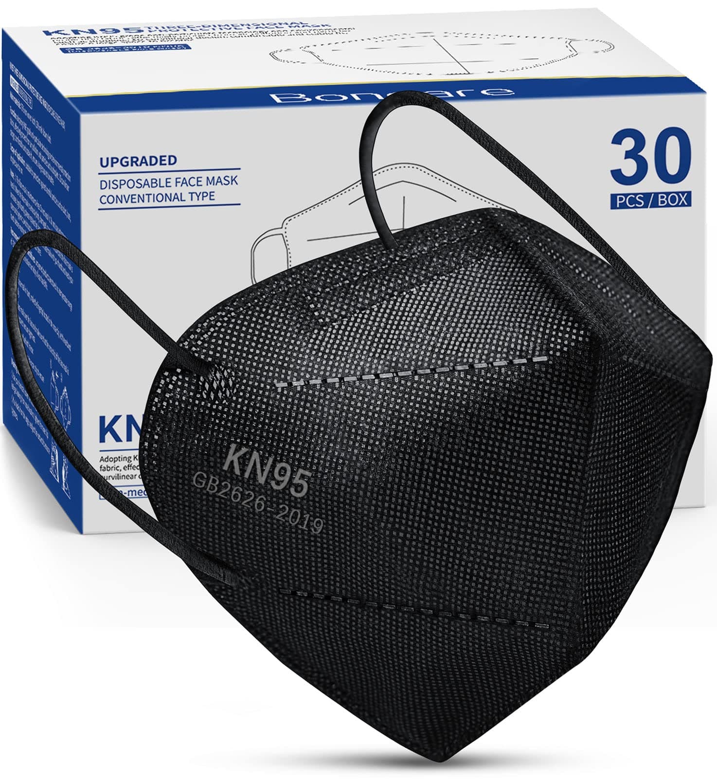 Boncare KN95 Face Mask 30 PCs, 5-Layer Black Face Mask for Men & Women Filter Efficiency≥ 95%, Breathable and Comfortable, Black Black 30 Pcs