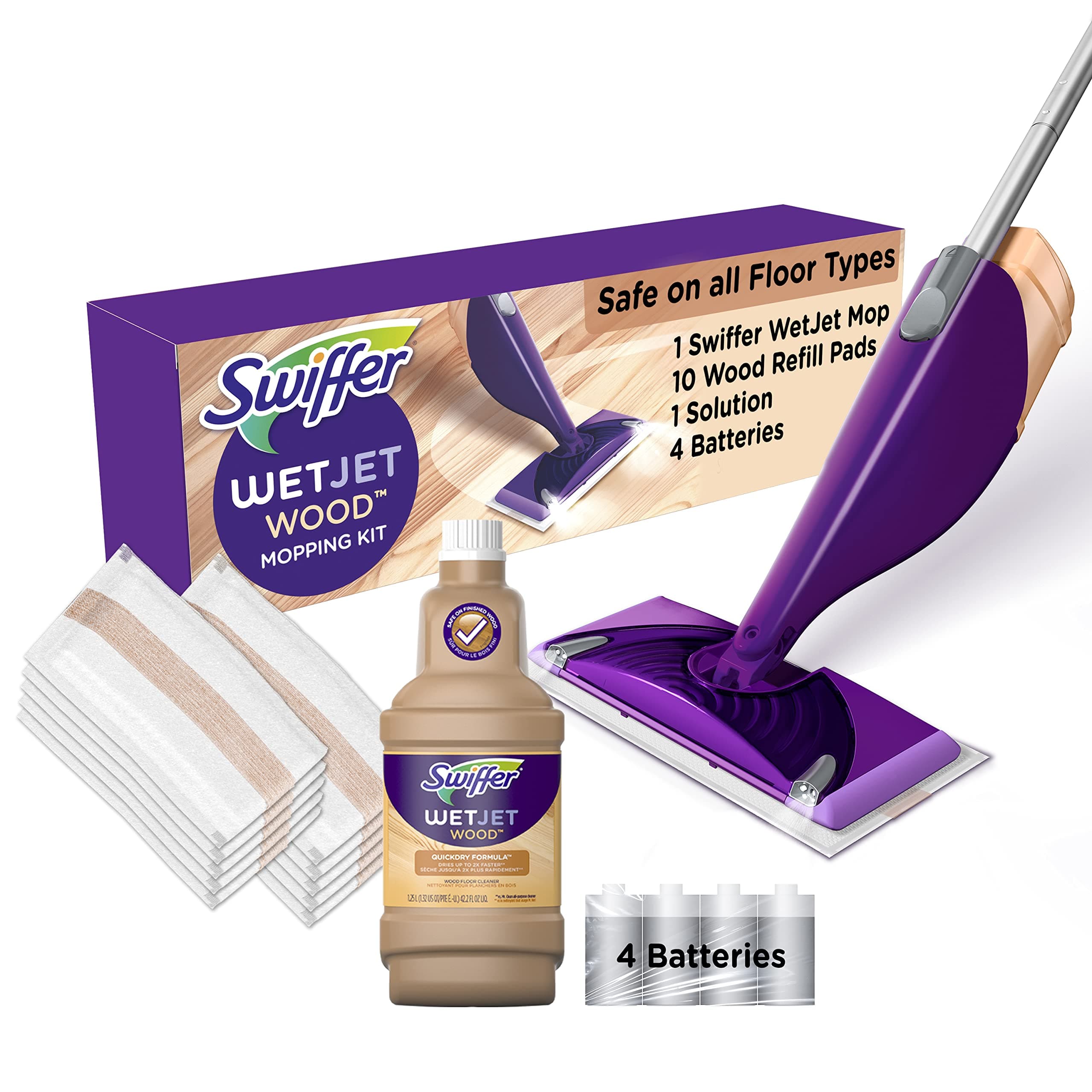 Swiffer WetJet Wood Floor Mopping and Cleaning Starter Kit, All Purpose Floor Cleaning Products, 1 Mop, 10 Pads, Cleaning Solution, Batteries Cleaning Kit
