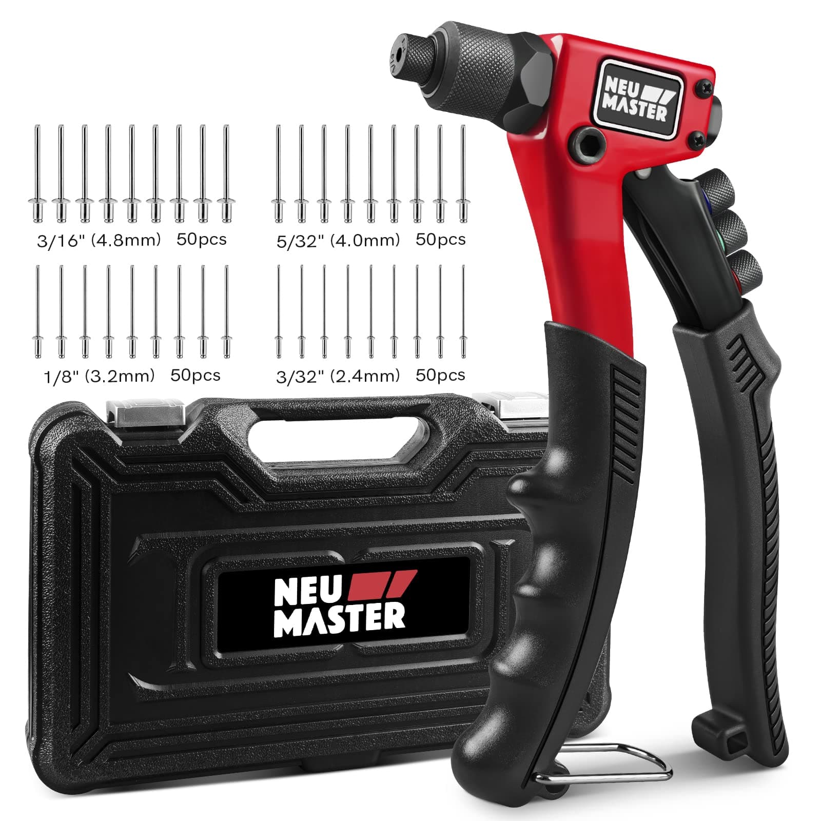 NEU MASTER Rivet Gun with 200Pcs Rivets, Manual Rivet Gun Kit with 4 Tool-Free Interchangeable Rivet Heads, BMC Case, Heavy Duty Single Hand Riveter for Plastic, Metal, Leather Rivet Gun with 200 Rivets