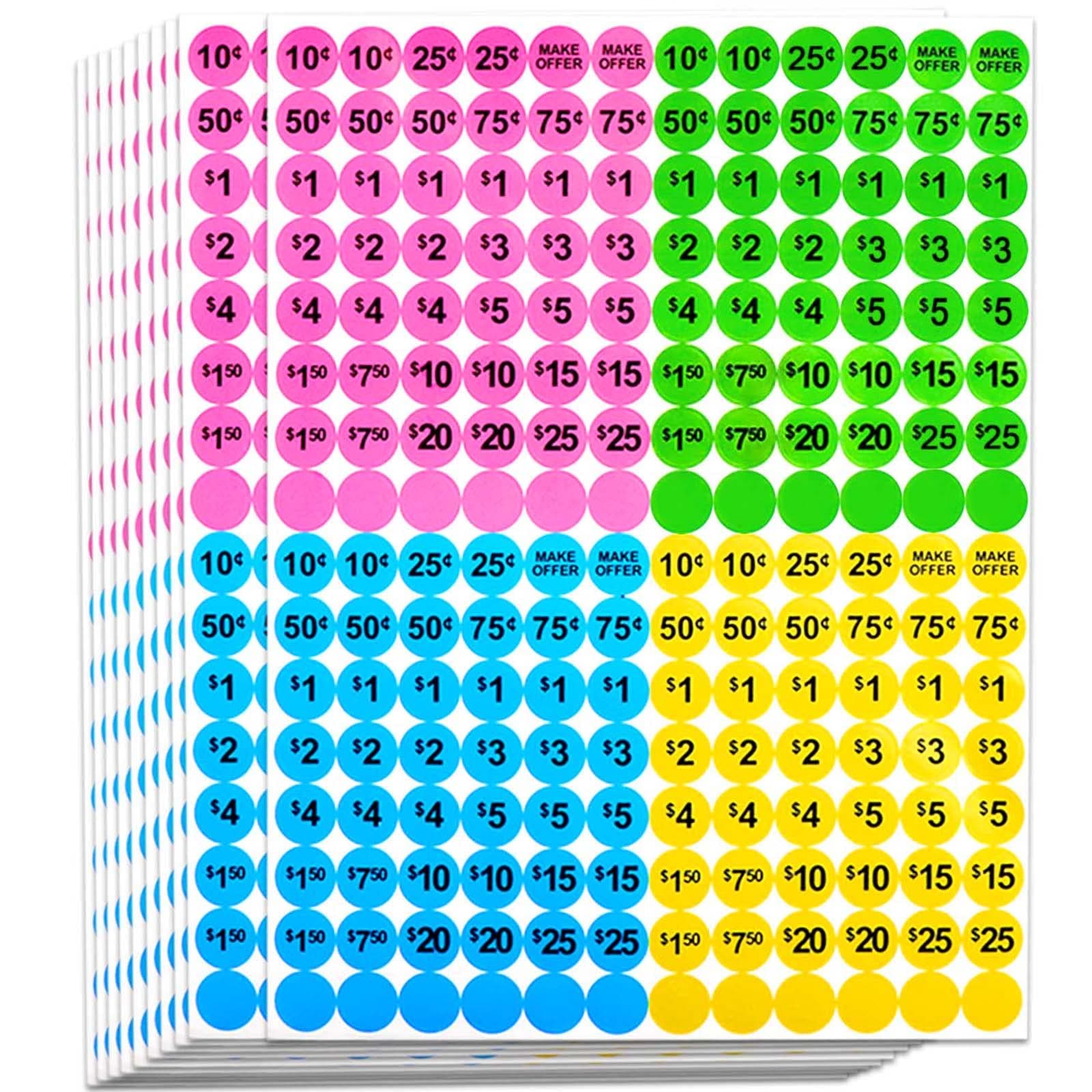 Dreecy Yard Sale Price Stickers Garage Sale Pre-Priced Price Tag Labels, 1920 PCS 3/4" Diameter Flea Market Pre-Printed Pricing Stickers for Retail,Bright Neon Colors (Pink Green Blue Yellow) Neon Colored (1920 Counts)
