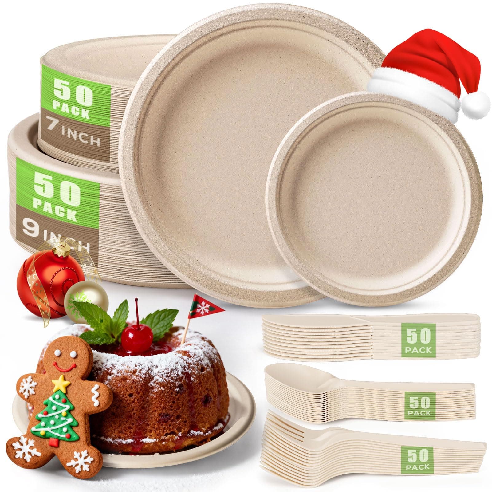 Gezond 250Pcs Disposable Paper Plates Set, Compostable Plate Sugarcane Utensils Eco Friendly Dinnerware Kit Includes 50 Biodegradable Plates, Forks, Knives and Spoons for Brithday Party Camping Brown 250 Plates Set