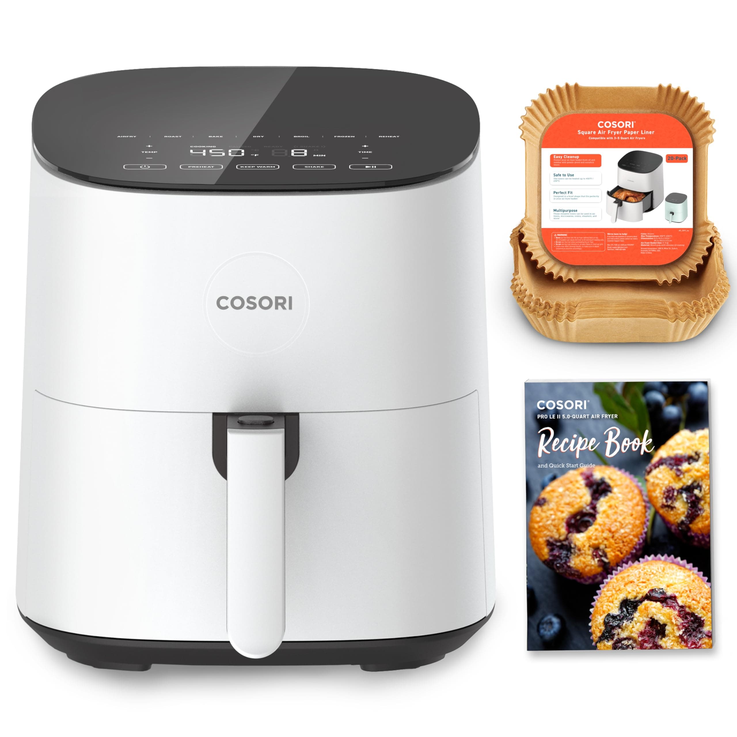 COSORI COSORI Air Fryer Pro LE 5-Qt Airfryer, With 20PCS paper liners, 10 Functions that Dry, Bake, Roast &Preheat, Shake Reminder, Up to 450℉, 85% Oil less, Compact, 130+ Recipes, Dishwasher Safe, White White 5 QT
