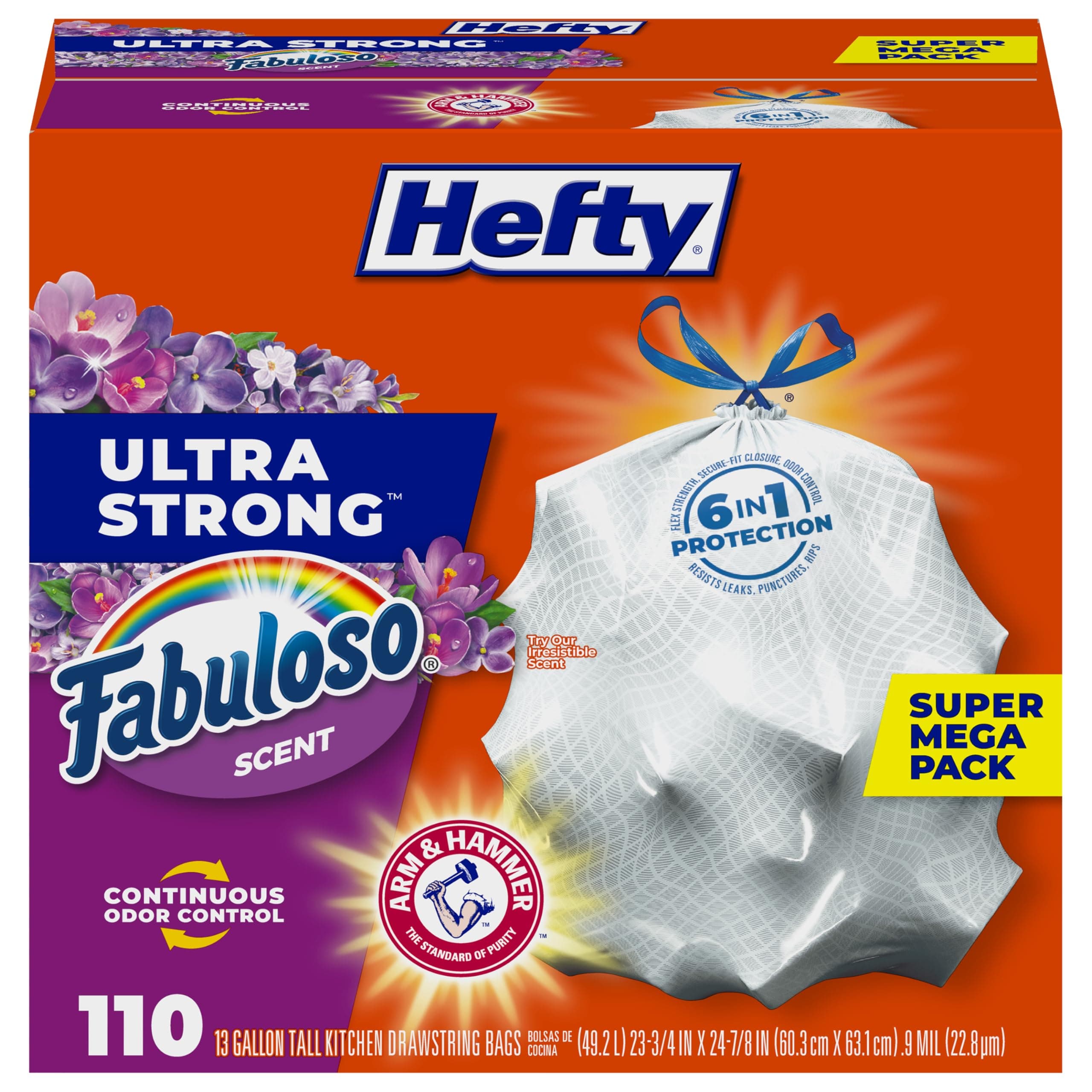 Hefty Ultra Strong 13 Gallon Trash Bags, Tall Kitchen Trash Bags 13 Gallon Size, Resist Leaks, Punctures, and Rips, Continuous Odor Control, White, Fabuloso Scent, 110 Bags 110 Count (Pack of 1) Fabuloso