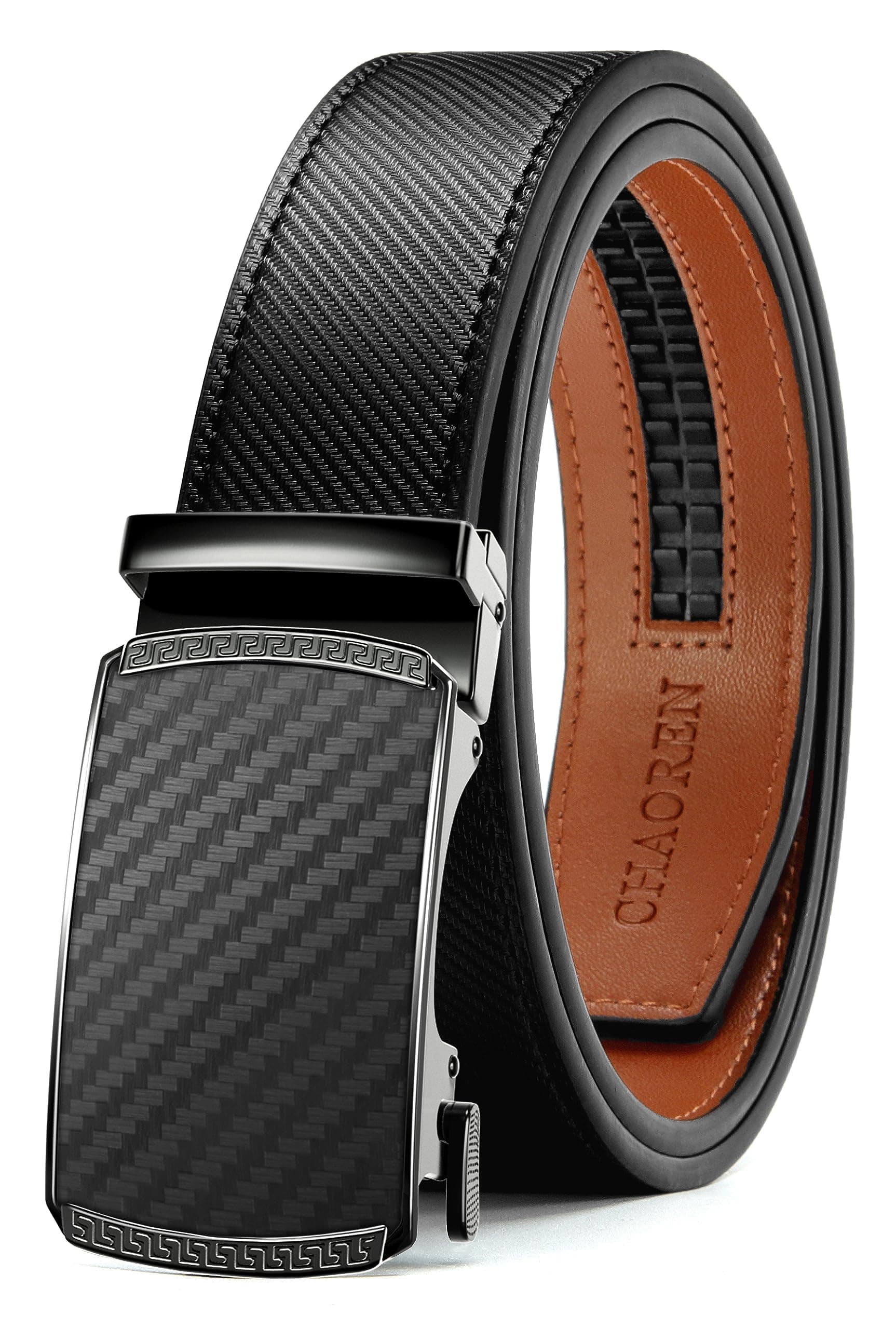 CHAOREN Mens Belt Leather Ratchet Belt - Customizable Fit, Effortless Style (35mm) Carbon Fiber / Black 36" to 42" Waist Adjustable