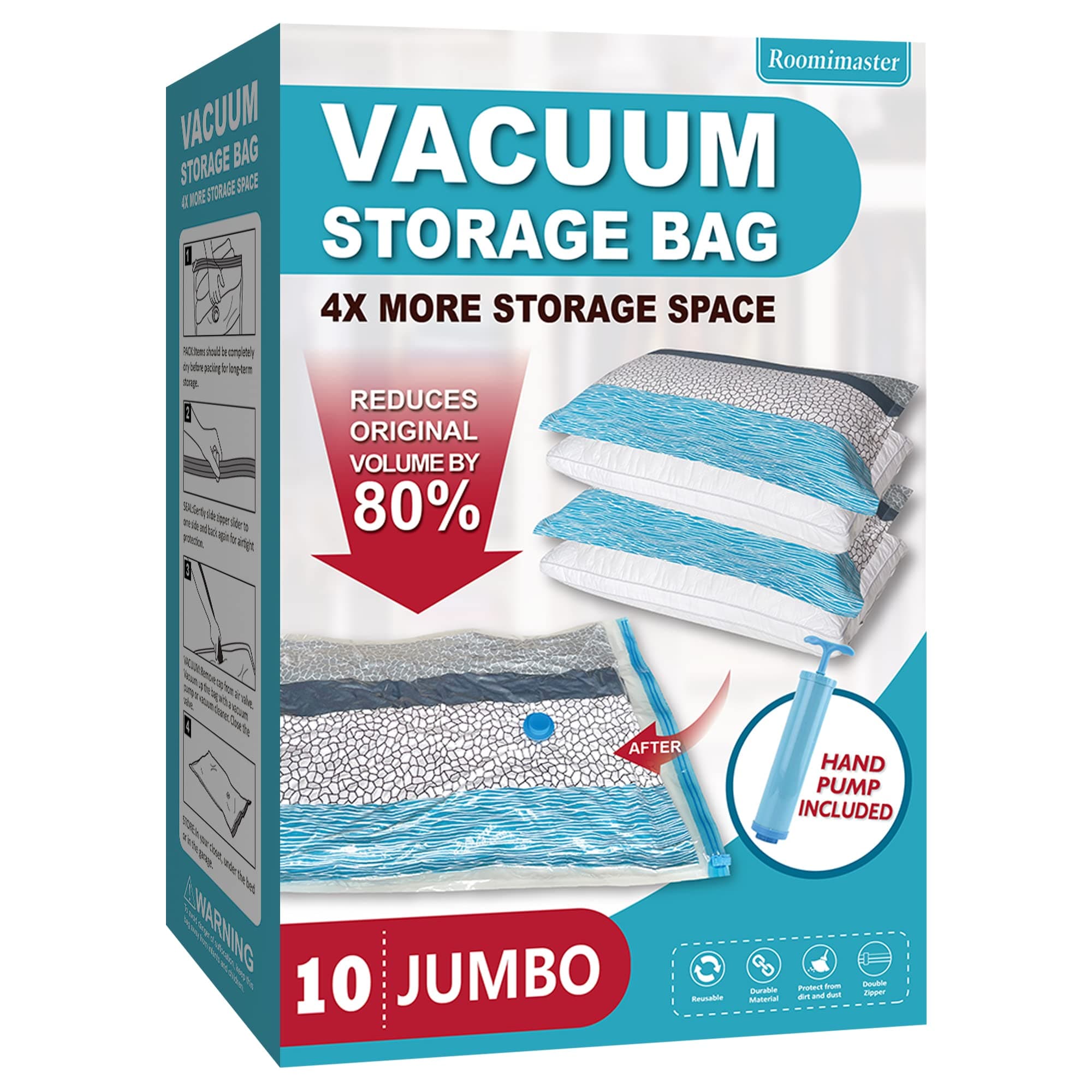 Vacuum Storage Bags, 10 Jumbo Space Saver Bags with Pump, Space Bags, Vacuum Sealer Bags for Clothes, Comforters, Blankets, Bedding 10 Jumbo With Blue Hand Pump