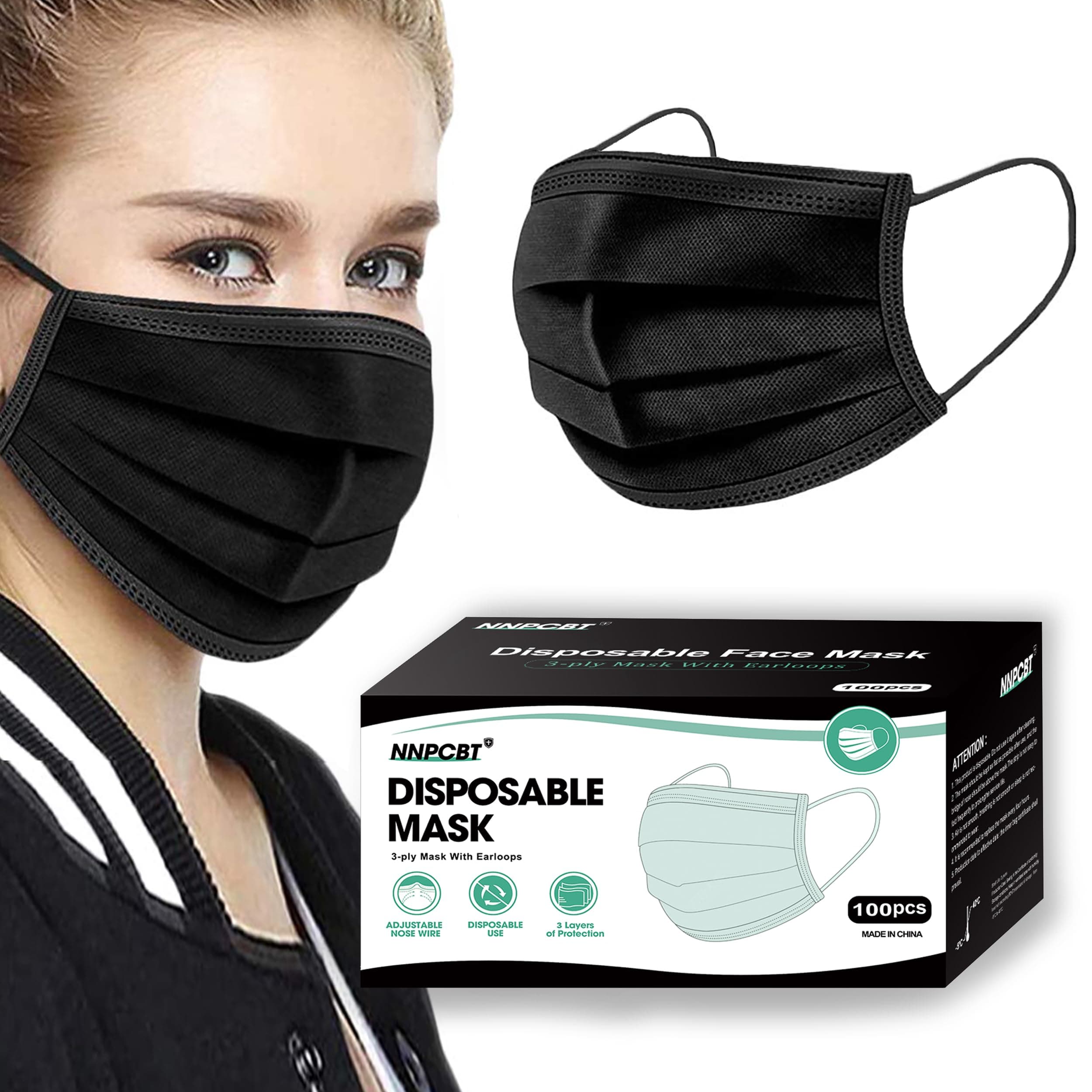 NNPCBT 100PCS 3 Ply Black Disposable Face Mask Filter Protection Face Masks Adult-100 Pack-black