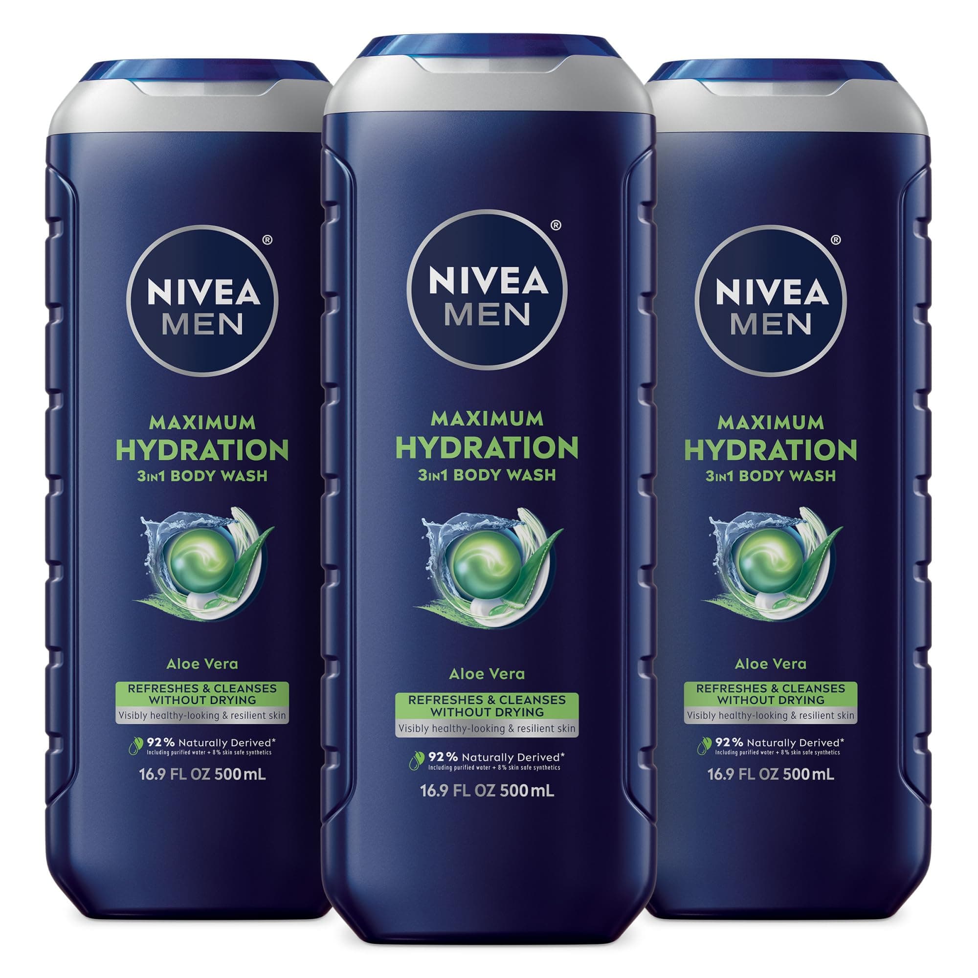 Nivea Men Maximum Hydration Body Wash for Dry Skin, Aloe Vera Enriched, 3-in-1 Moisturizing Body Wash, Face and Hair, Paraben Free, Vegan Formula, 16.9 Fl Oz Bottle, Pack of 3 16.9 Fl Oz (Pack of 3)