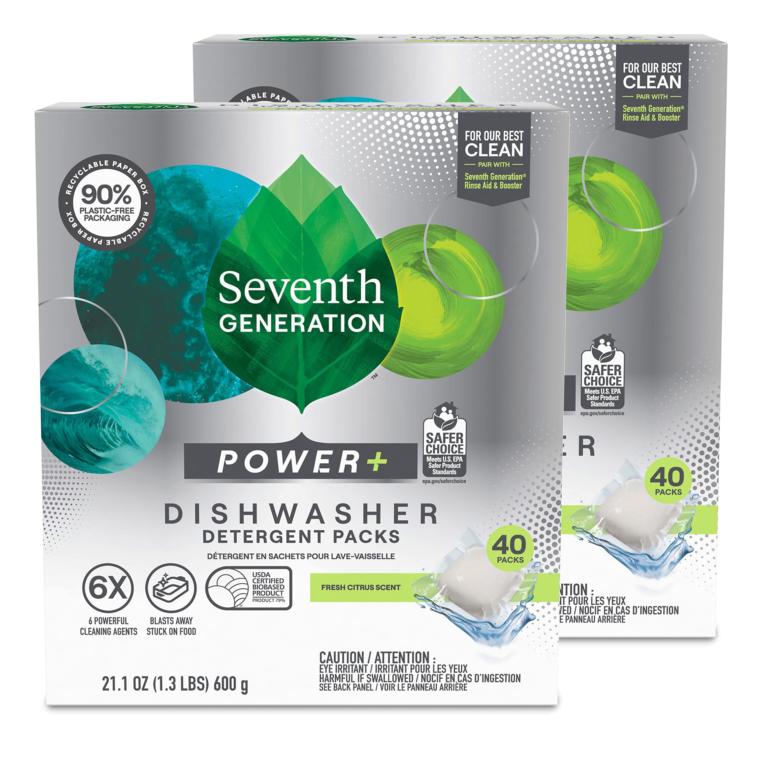 Seventh Generation Power Plus Dishwasher Detergent Packs Fresh Citrus scent Pack of 2 for sparkling dishes Dishwasher tabs 40 count Citrus 40 Count (Pack of 2)