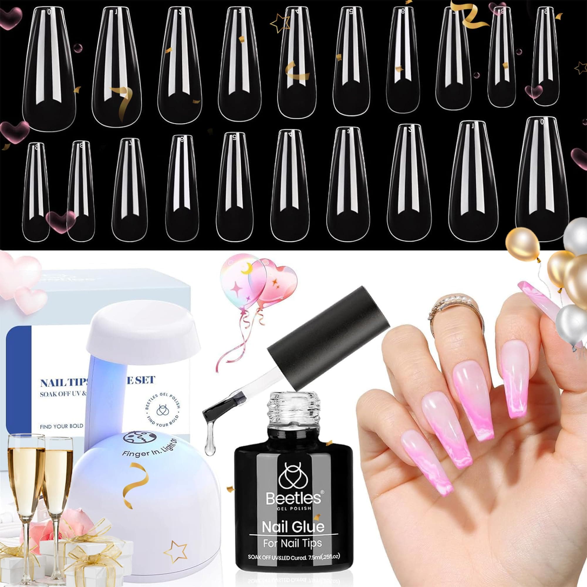 Beetles Gel Nail Kit Easy Nail Extension Set with 500Pcs Nail Tips Coffin Shape 5 In 1 Nail Glue Base Gel and Innovative Led Lamp Easy Diy Nails Art Home Gelly Tips 2-5-Long Coffin 500pcs (Clear Kit)