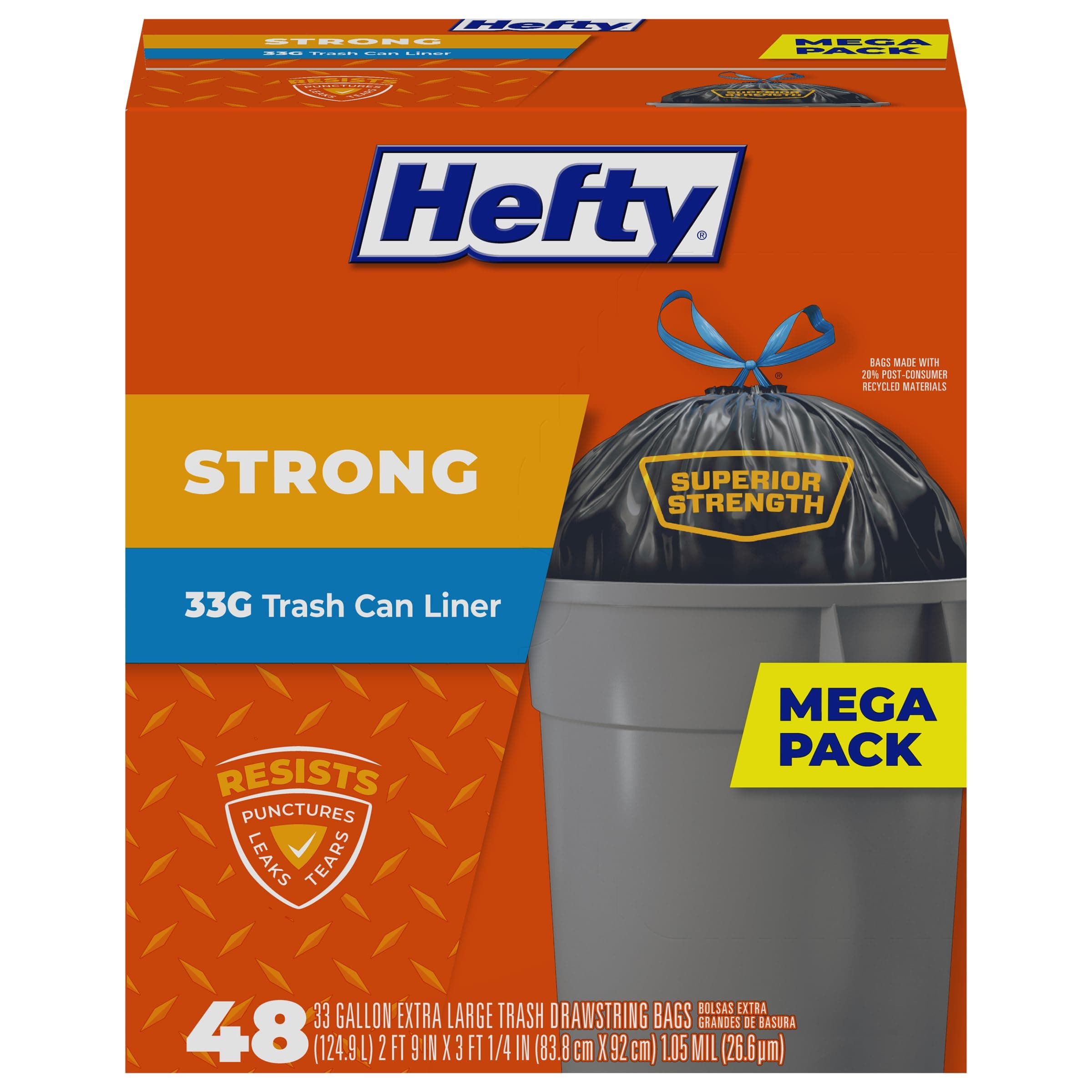 Hefty Strong Extra Large Trash Bags, Black, 33 Gallon, 48 Count Black 48 Count (Pack of 1)