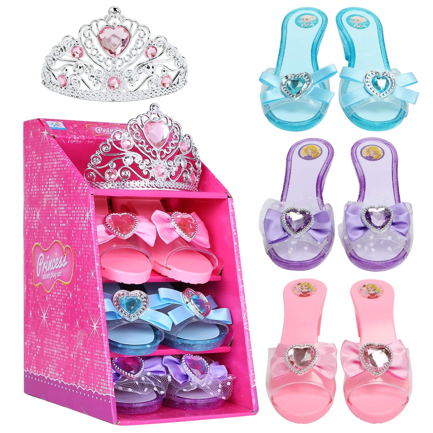 Girls Play Set! Princess Dress Up Shoes and Tiara (3 Pairs of Shoes + 1 Tiara) Role Play Collection Fashion Princess Shoe for Little Girls