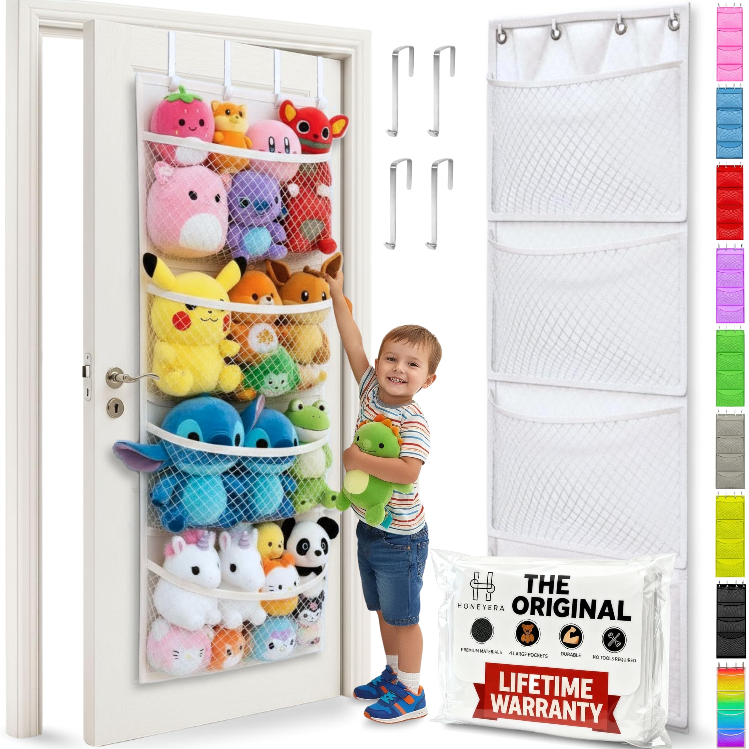 Honeyera The Original Stuffed Animal Storage (Patented) - Over Door Organizer for Stuffies, Baby Ideas Holder, Toy Plush Hammock Hanging Net Big Girls Toddler Large Bag Animals Stuffy Behind White