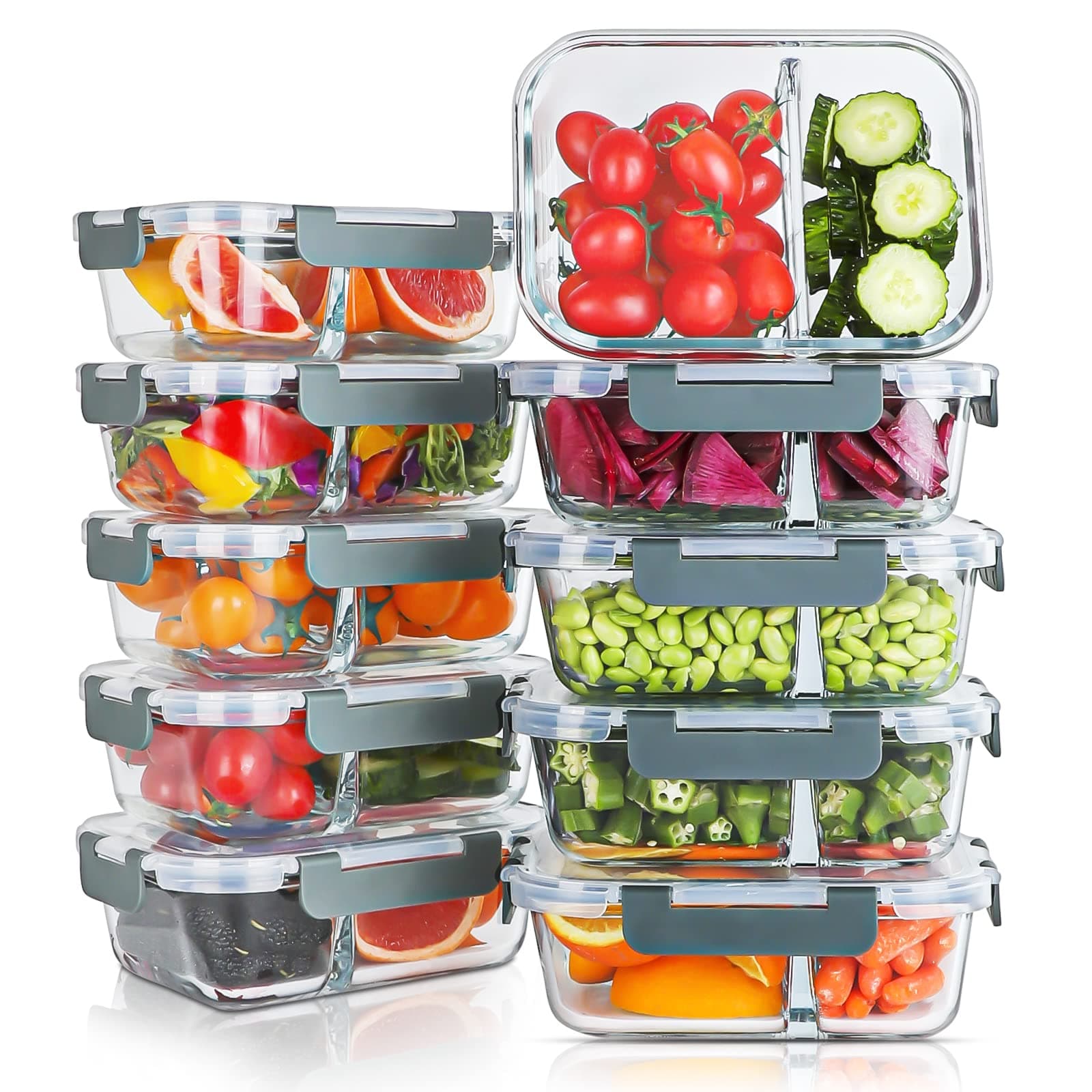 KOMUEE 10 Packs 30oz Glass Meal Prep Containers 2 Compartments,Glass Food Storage Containers with Lids,Airtight Lunch Bento Boxes,Microwave,Oven,Freezer and Dishwasher Safe Gray