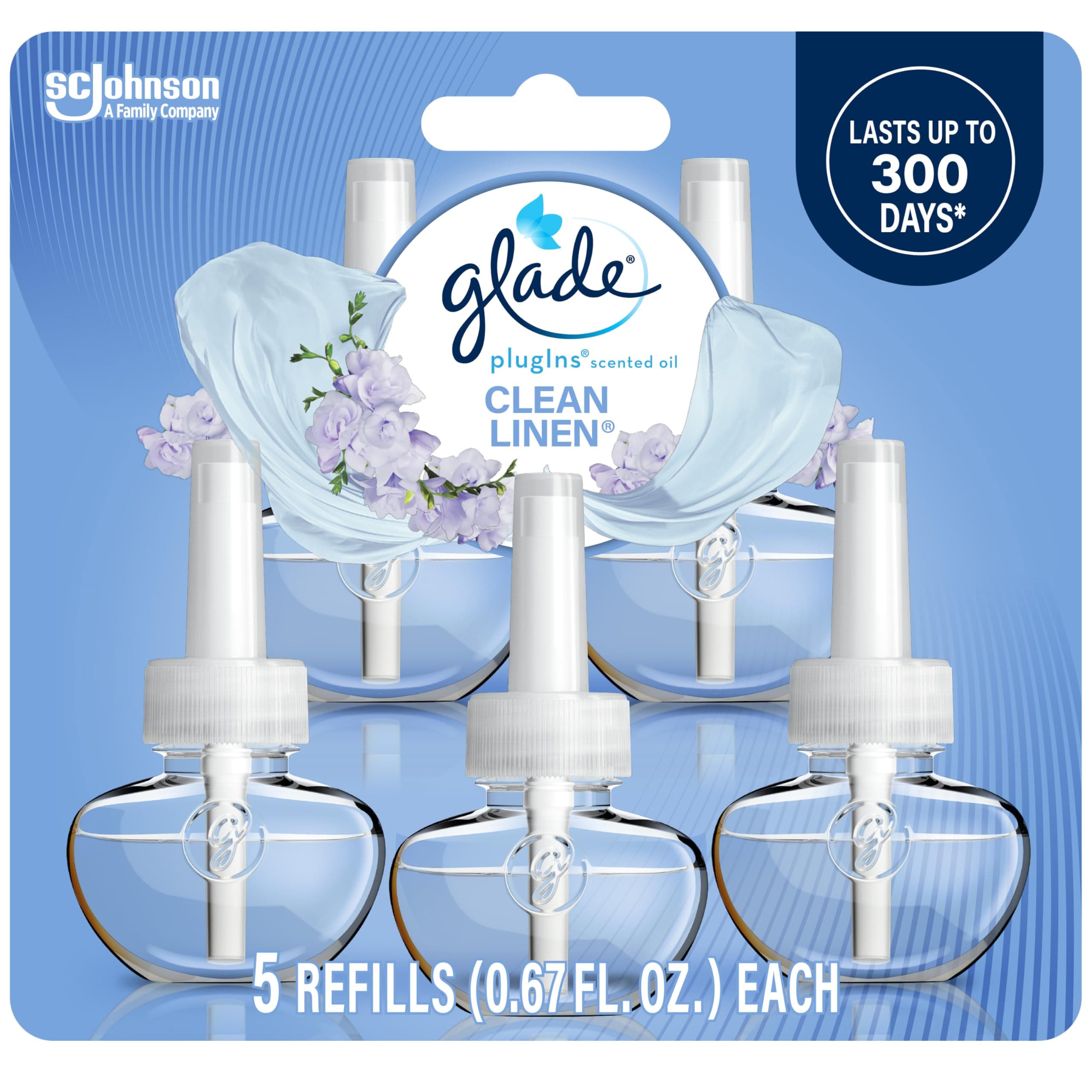 Glade PlugIns Refills Air Freshener, Scented and Essential Oils for Home and Bathroom, Clean Linen, 3.35 Fl Oz, 5 Count Clean Linen 3.35 Fl Oz (Pack of 1)