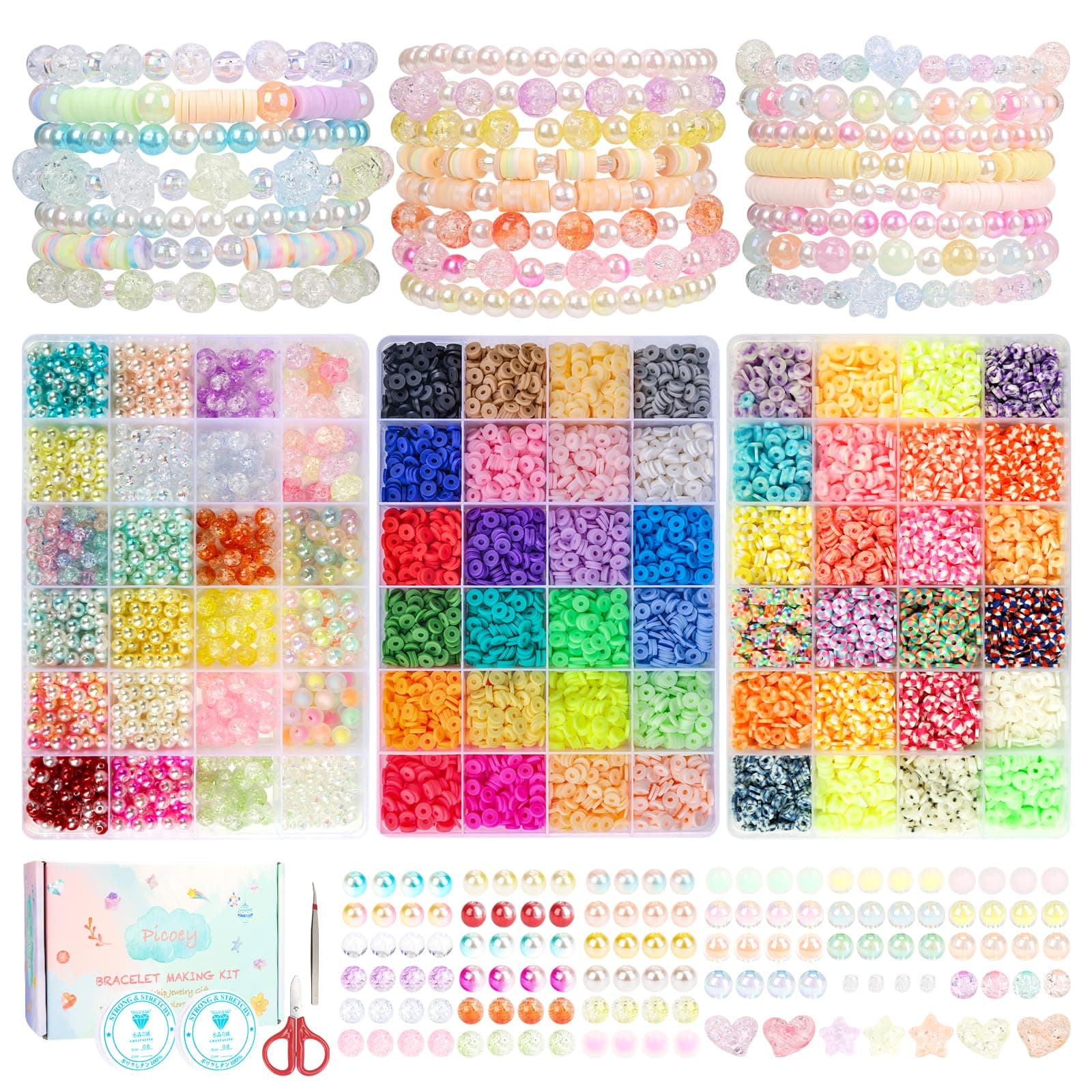 Picoey Clay Beads 3 Boxes Bracelet Making Kit,10700pcs Beads for Jewelry Making, Polymer Beads Kit with Colorful Crackle Beads and Acrylic Beads,Elastic Strings,Crafts Gift for Adults