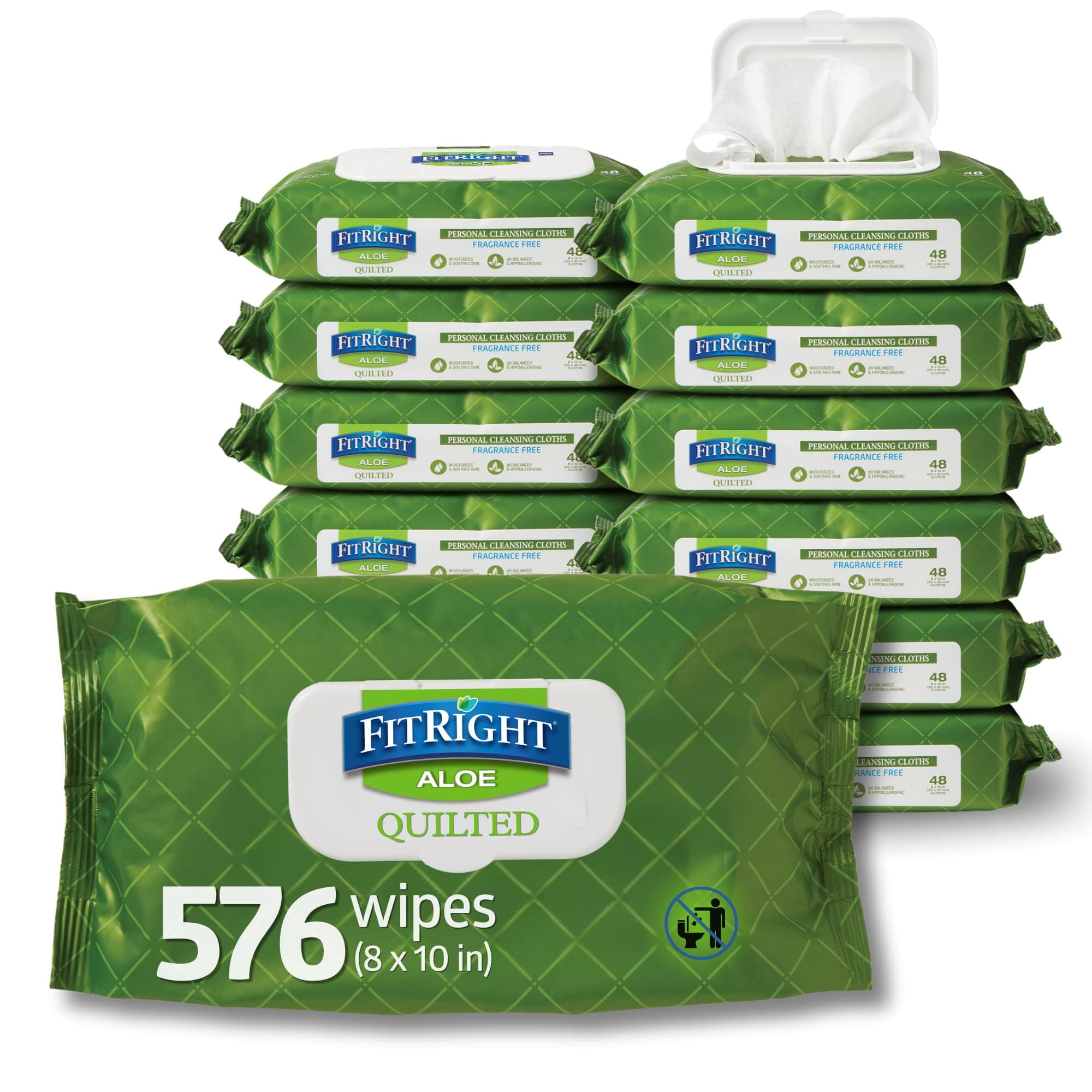 FitRight Aloe Quilted Heavyweight Personal Cleansing Cloth Wipes, Unscented, 576 Count, 8 x 12 inch Adult Large Incontinence Wipes Pack of 576
