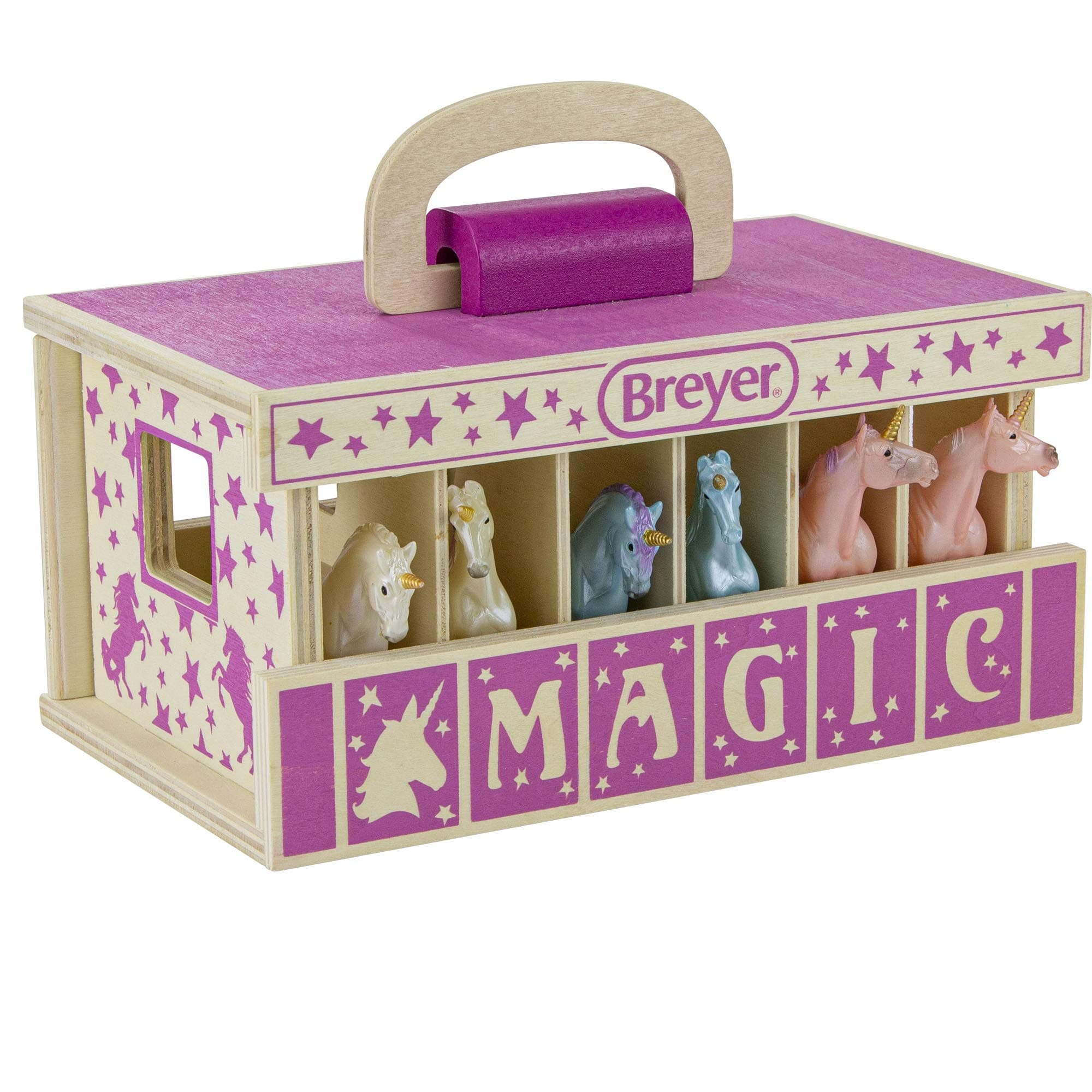 Breyer Unicorn Magic Wooden Carry Stable Playset with 6 Unicorns – Unicorn Gifts for Girls | Toys for Kids Ages 4–8 | Hand-Painted Horses in Carrying Case | Imaginative Play Set