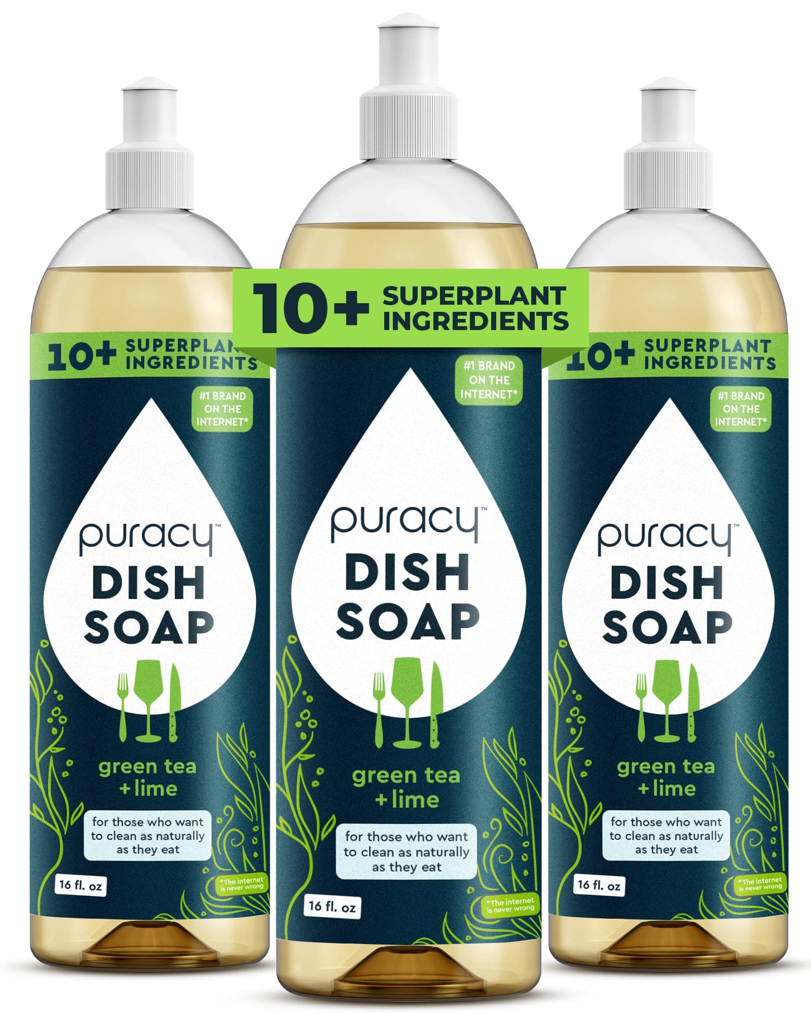 Puracy Natural Dish Soap Packs- Skin-Softening Plant-Based Dishwashing Soap, Non-Toxic Dish Soap, Organic Liquid Dishwashing Detergent Soap (Green Tea & Lime, 16 fl oz, 3 Pack) Green Tea & Lime 16 Fl Oz (Pack of 3)