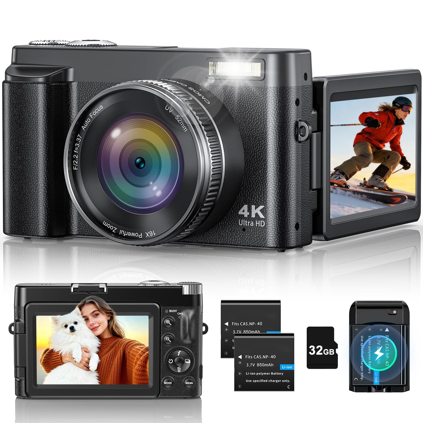 4K Digital Camera for Photography, 48MP Vlogging Camera with Autofocus, Flash, 180° Flip Screen, 16X Zoom, 32GB Card, 2 Batteries & Charger, Compact Travel Camera for Teens, Beginners & YouTube Black