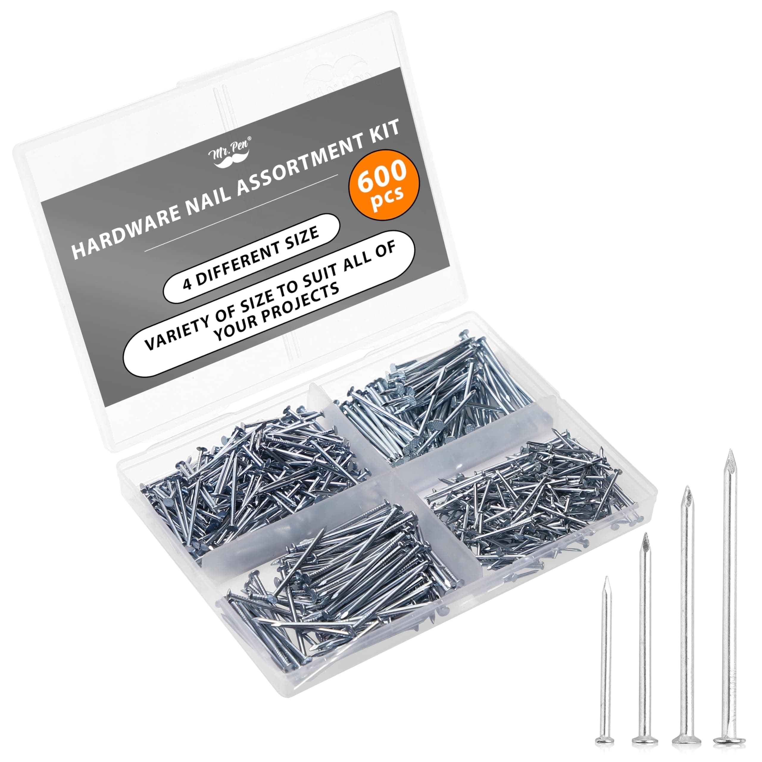 Mr. Pen- Nail Assortment Kit, 600 Pcs, 4 Sizes, Silver, Small Nails for Hanging Pictures, Finishing Nails 600 Pcs Silver