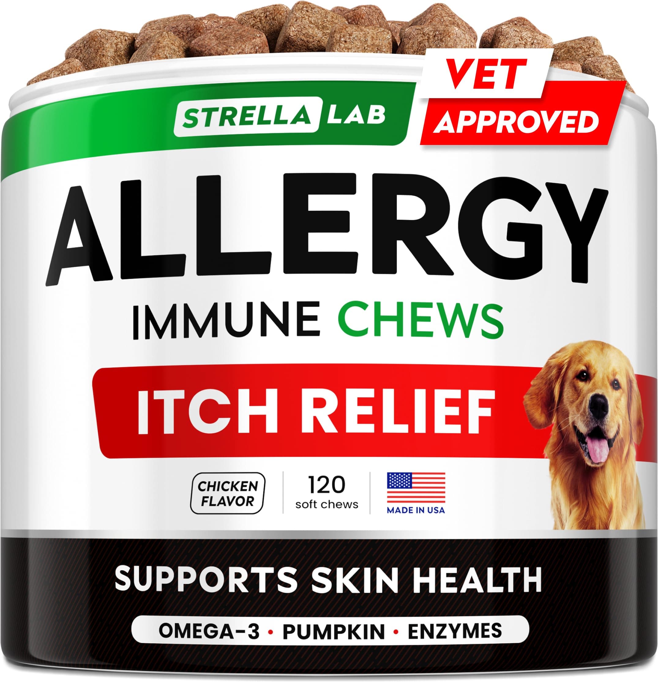 StrellaLab Dog Allergy Relief & Anti Itch Support Chews w/Omega 3: Real Ingredients, Real Taste! Skin & Coat Immune Supplement w/Fish Oil, Pumpkin & Enzymes — Developed by Experts - Made in USA -120Ct Chicken Strength: Not Specified - 120 Ct