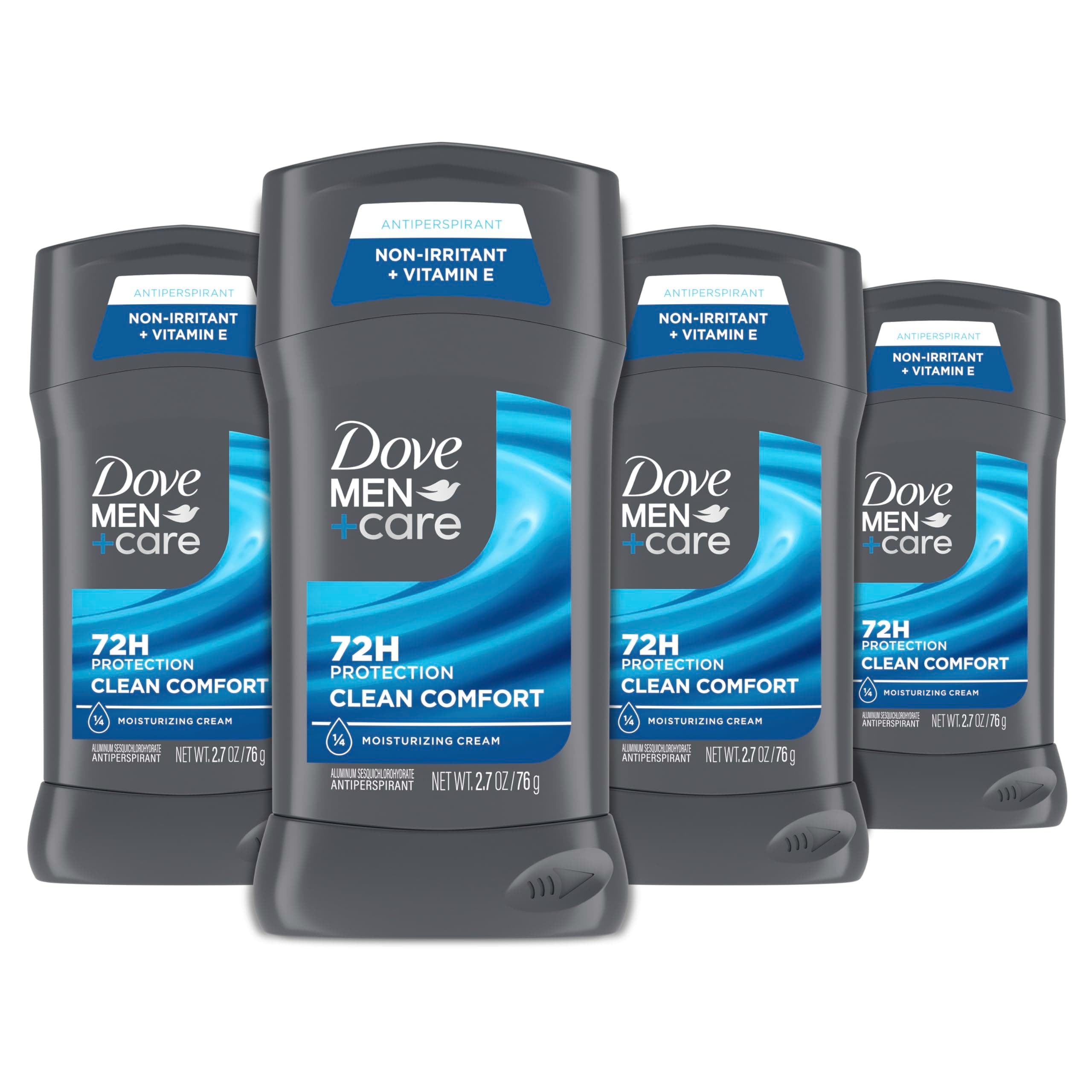 Dove Men+Care Antiperspirant Deodorant Stick 4 Count Clean Comfort 72-Hour Sweat & Odor Protection Antiperspirant for Men With 1/4 Moisturizing Cream 2.7 oz