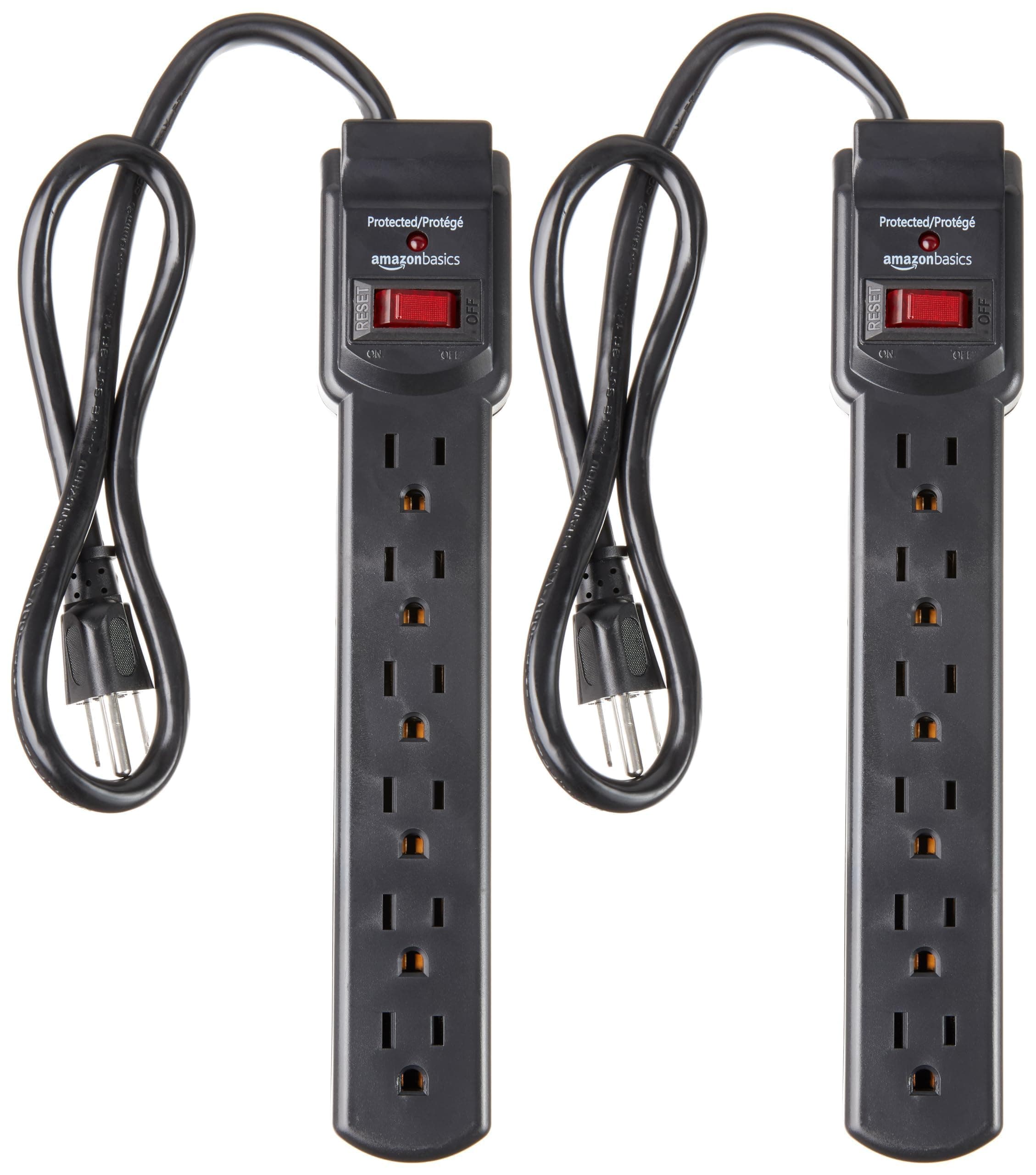 Amazon Basics Surge Protector Power Strip, 6-Outlet with 200J Protection, 2ft Extension Cord, Rectangle, Black (2 Pack) 200 Joule Black 2 Pack